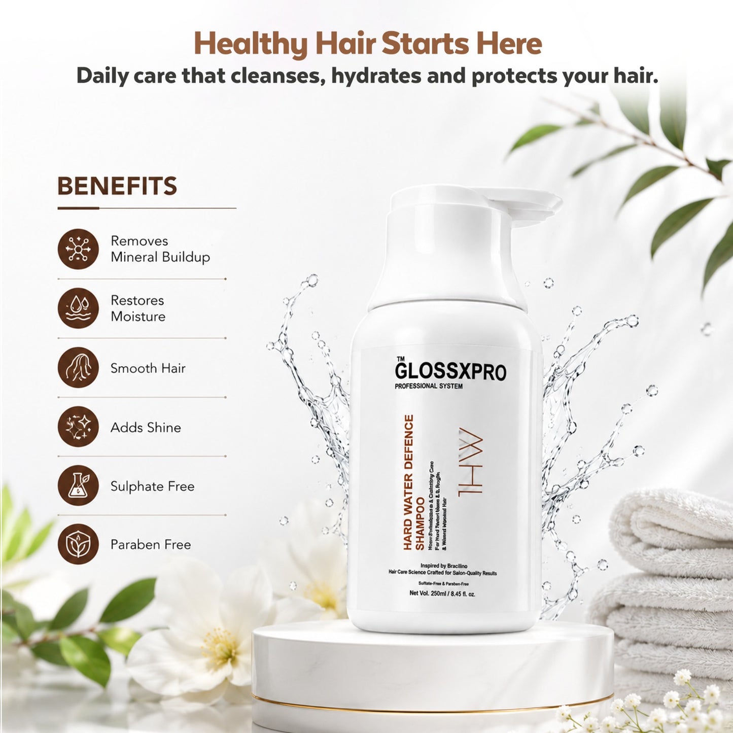 GLOSSXPRO Professional System Hard Water Defense Shampoo | Mineral Buildup Removal Shampoo | Protects Hair from Hard Water Damage | Deep Cleansing, Hydration & Shine | Sulphate Free | Paraben Free | 250 ml