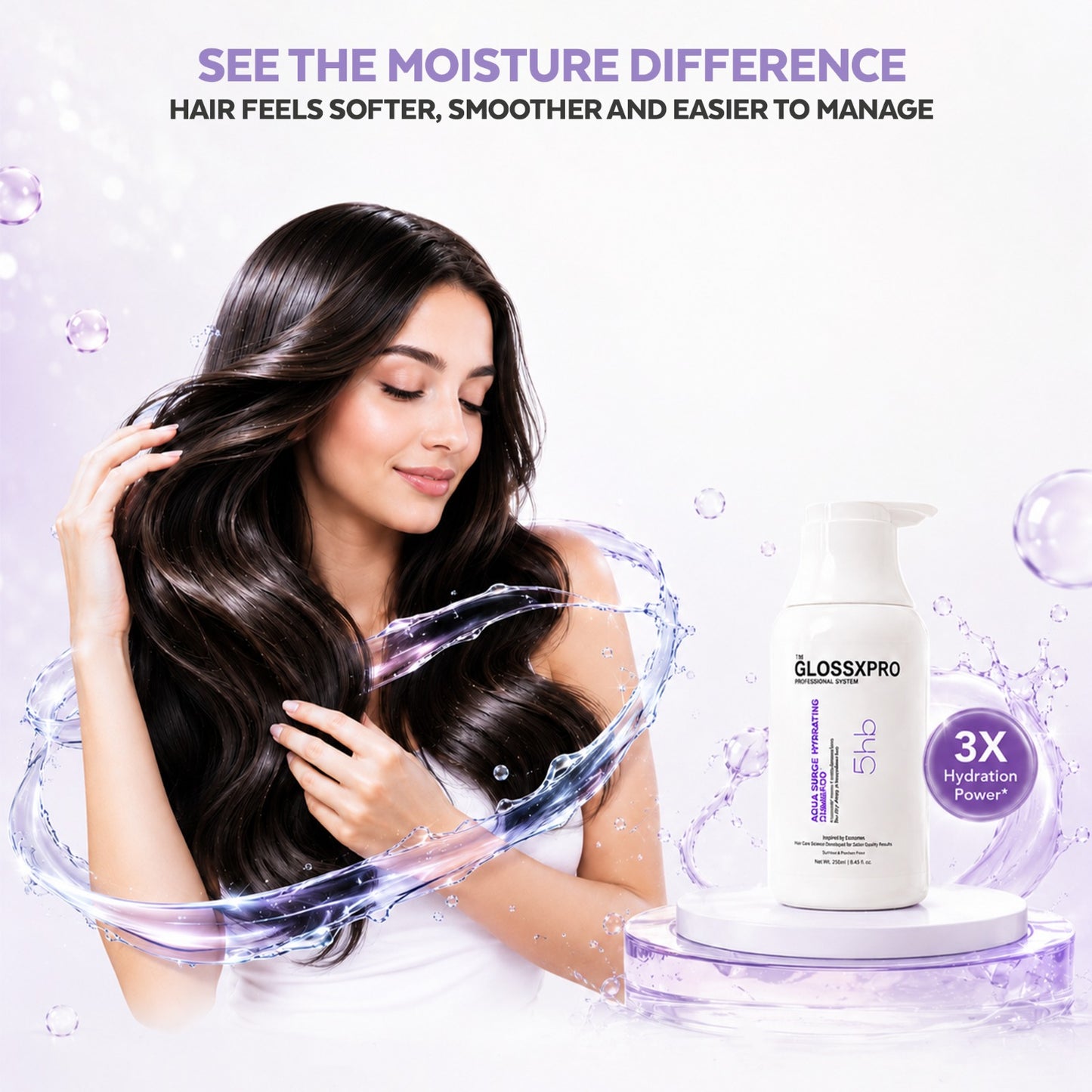 GLOSSXPRO Professional System Aqua Surge Hydrating Shampoo | Deep Hydration Shampoo for Dry & Frizzy Hair | Moisture Lock, Softness & Shine | Sulphate Free | Paraben Free | 250 ml