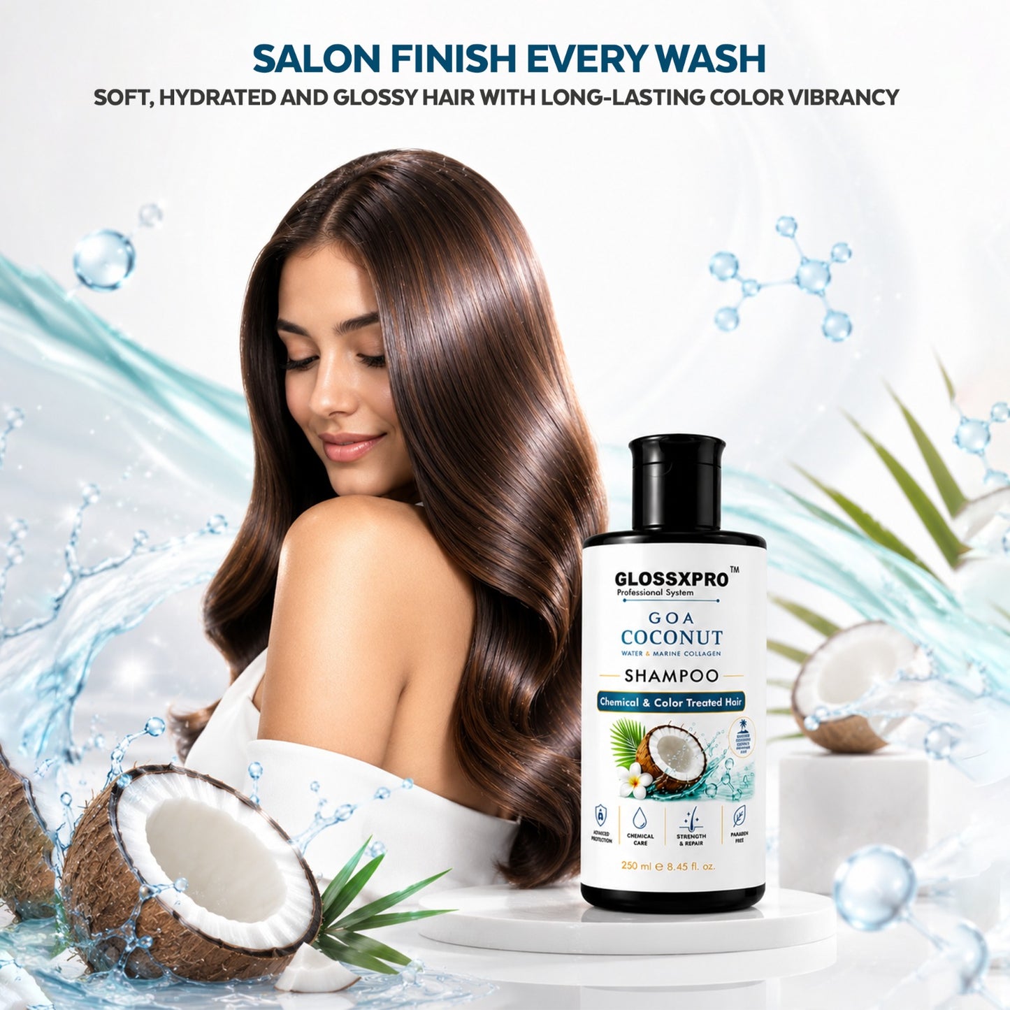 GLOSSXPRO Professional System Goa Cocnut Water & Marine Collagen Shampoo | Shampoo for Chemically & Color Treated Hair | Deep Hydration, Repair & Color Protection | Paraben Free | 250