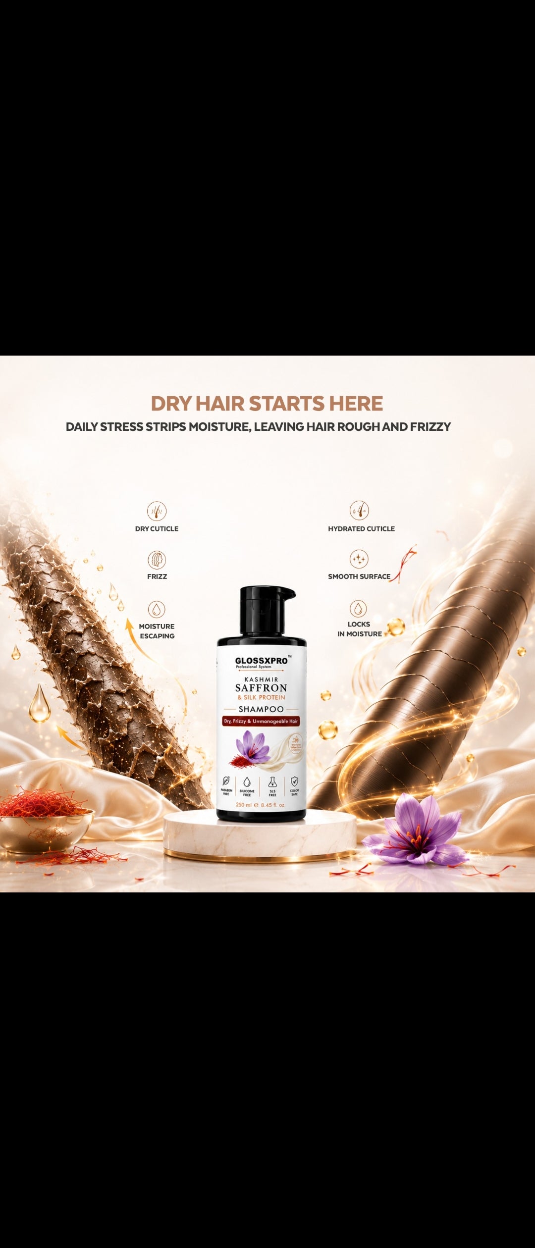 GLOSSXPRO Kashmir Saffron & Silk Protein Shampoo | Repairs Dry & Damaged Hair | Smooth, Shiny & Frizz-Free Hair | Sulphate Free & Paraben Free | Salon Professional Hair Care