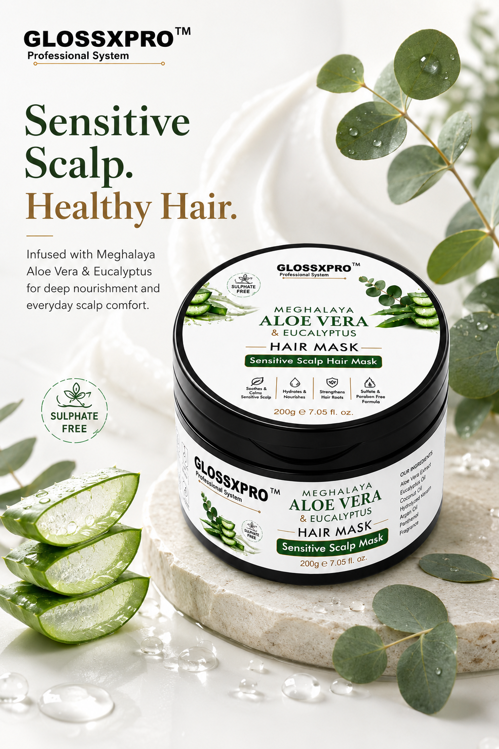 GLOSSXPRO Professional System Meghalaya Aloe Vera & Eucalyptus Hair Mask | Sensitive Scalp Hair Mask | Deep Hydration & Scalp Soothing | Nourishes Dry Hair | Silicone Free, Mineral Oil Free, Paraben Free | 200g