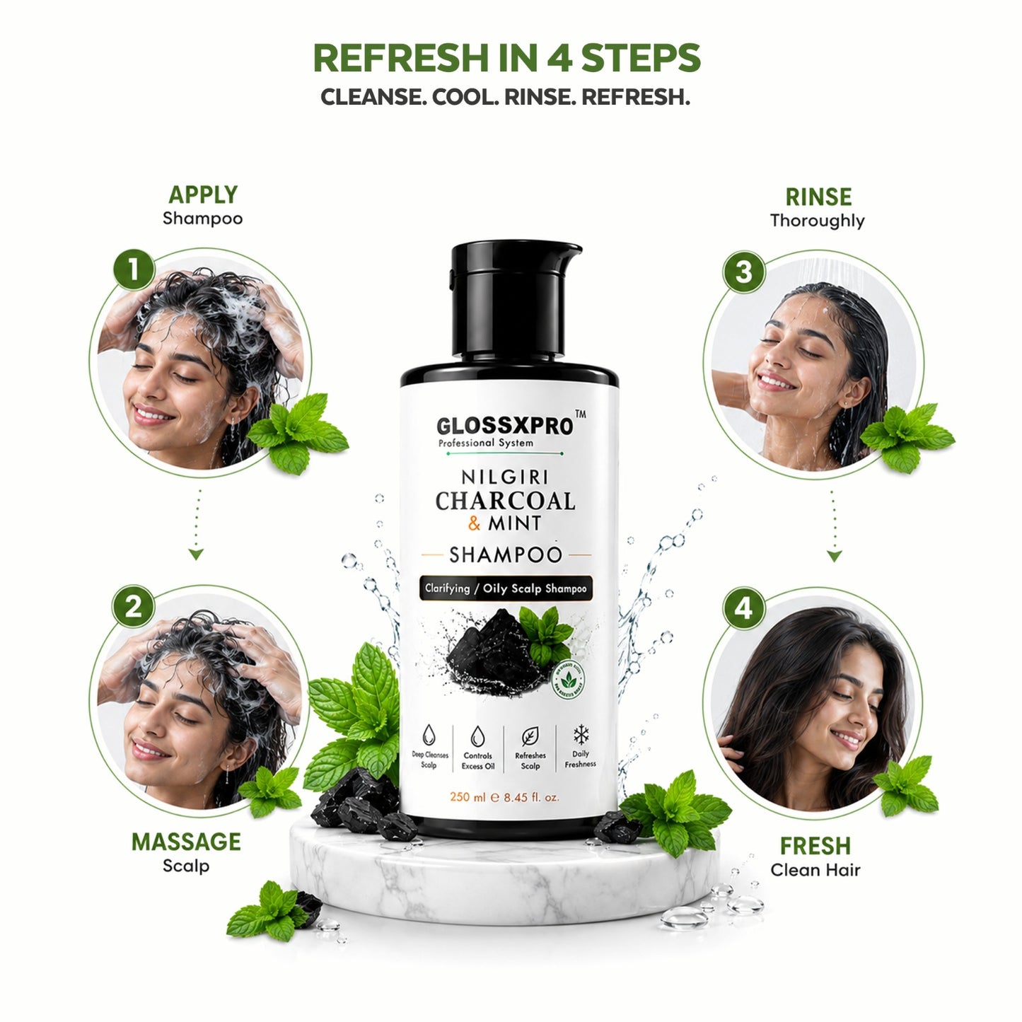 GLOSSXPRO Professional System Nilgiri Charcoal & Mint Clarifying Shampoo | Deep Cleansing for Oily Scalp | Controls Excess Oil & Sebum | Refreshes & Soothes Scalp | Sulphate & Paraben Free