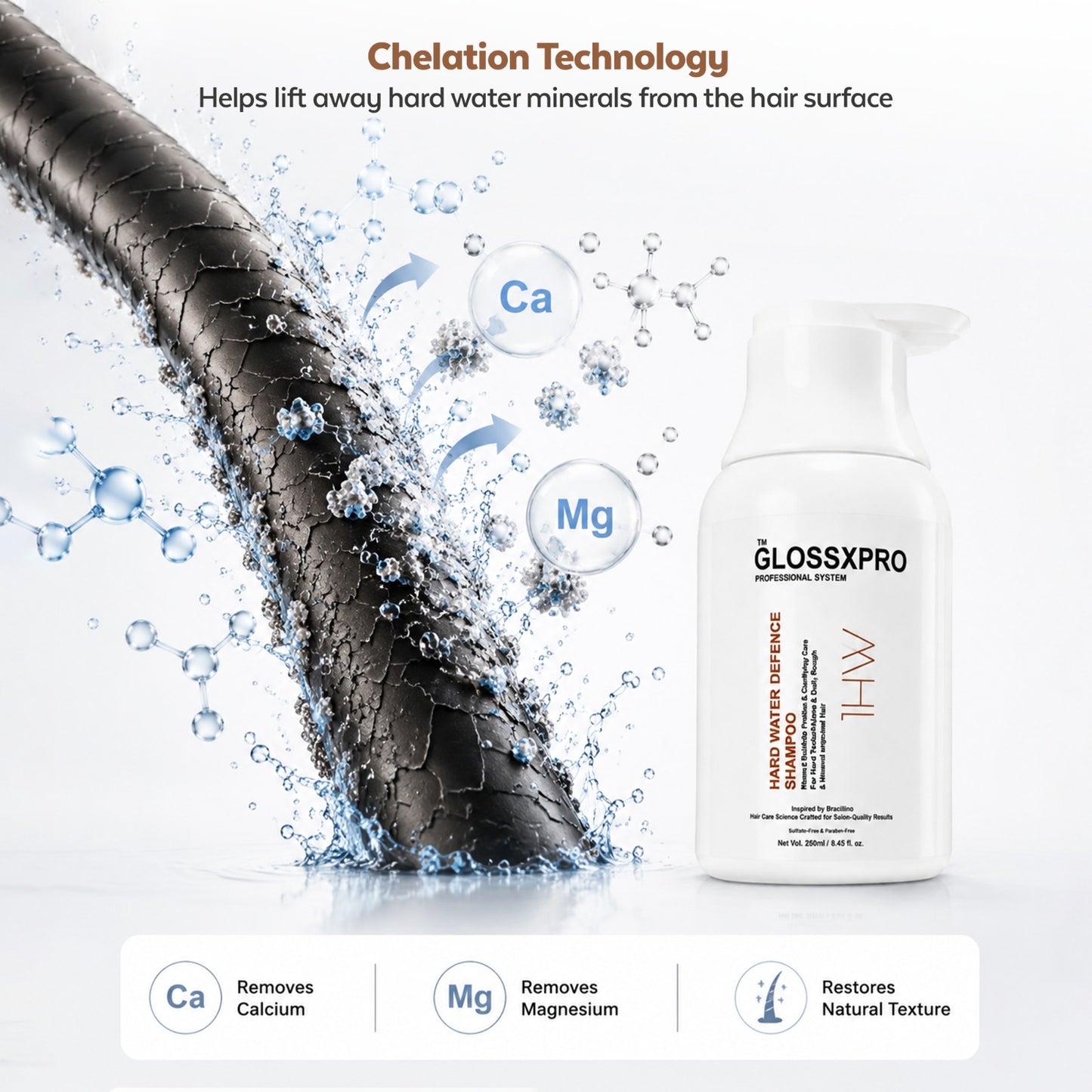 GLOSSXPRO Professional System Hard Water Defense Shampoo | Mineral Buildup Removal Shampoo | Protects Hair from Hard Water Damage | Deep Cleansing, Hydration & Shine | Sulphate Free | Paraben Free | 250 ml