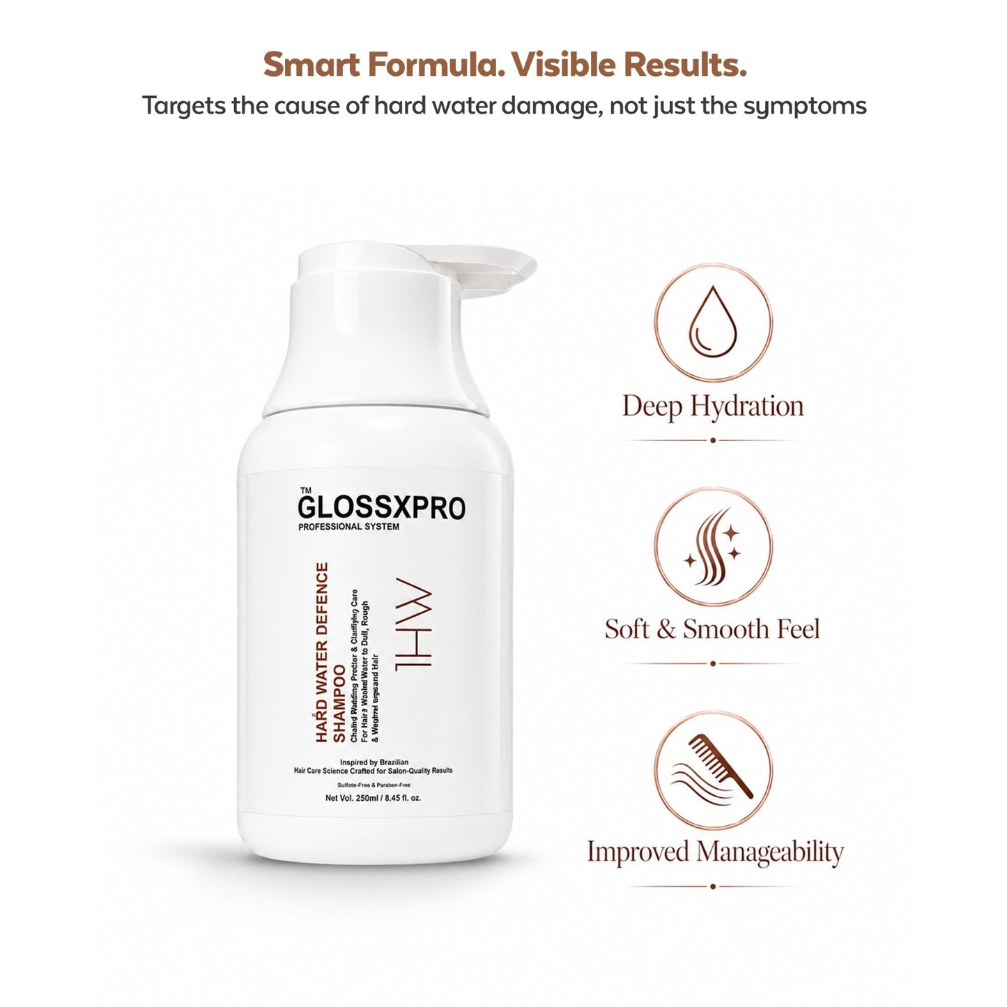 GLOSSXPRO Professional System Hard Water Defense Shampoo | Mineral Buildup Removal Shampoo | Protects Hair from Hard Water Damage | Deep Cleansing, Hydration & Shine | Sulphate Free | Paraben Free | 250 ml