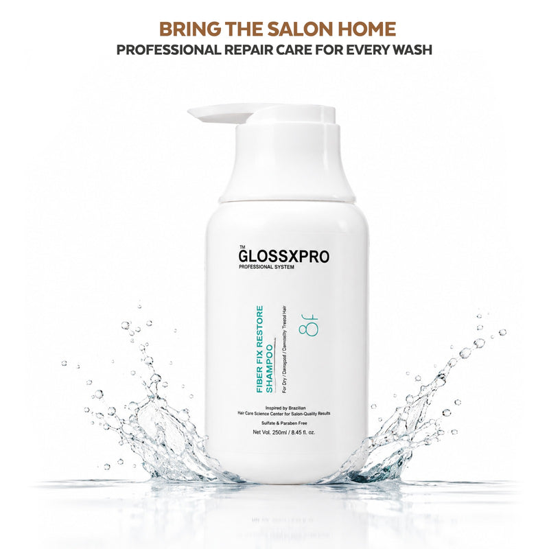 GLOSSXPRO Professional System Fiber Fix Restore Shampoo | Bond Repair Shampoo for Damaged Hair | Strengthens & Restores Hair Fibers | Reduces Breakage | Sulphate Free | Paraben Free | 250 ml