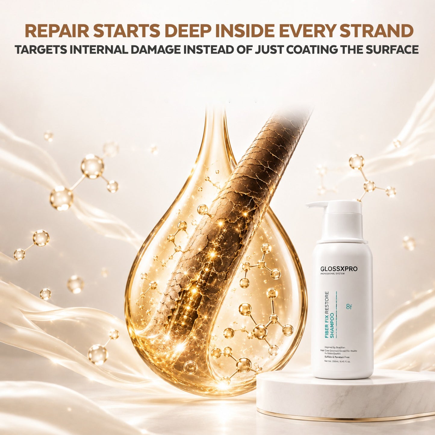 GLOSSXPRO Professional System Fiber Fix Restore Shampoo | Bond Repair Shampoo for Damaged Hair | Strengthens & Restores Hair Fibers | Reduces Breakage | Sulphate Free | Paraben Free | 250 ml