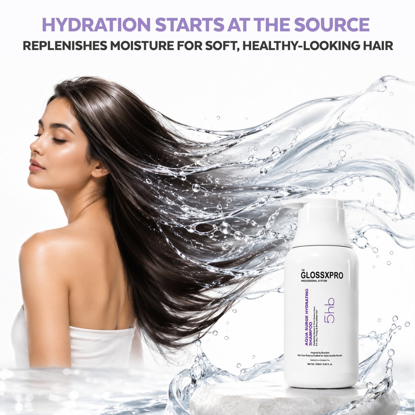 GLOSSXPRO Professional System Aqua Surge Hydrating Shampoo | Deep Hydration Shampoo for Dry & Frizzy Hair | Moisture Lock, Softness & Shine | Sulphate Free | Paraben Free | 250 ml