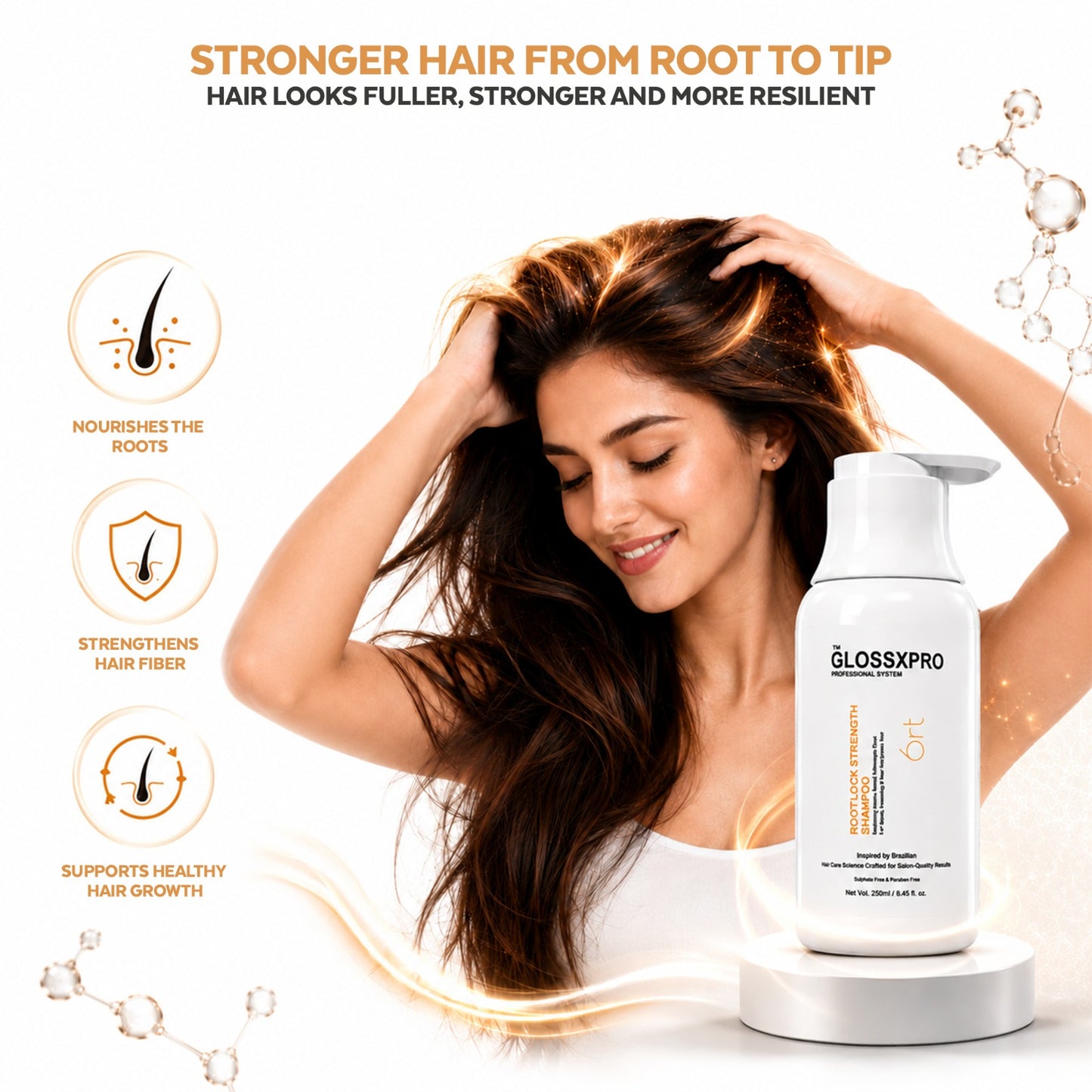 GLOSSXPRO Professional System Rootlock Strength Shampoo | Hair Fall Control Shampoo | Strengthens Hair from the Roots | Reduces Breakage | Nourishes Scalp | Sulphate Free | Paraben Free | 250 ml