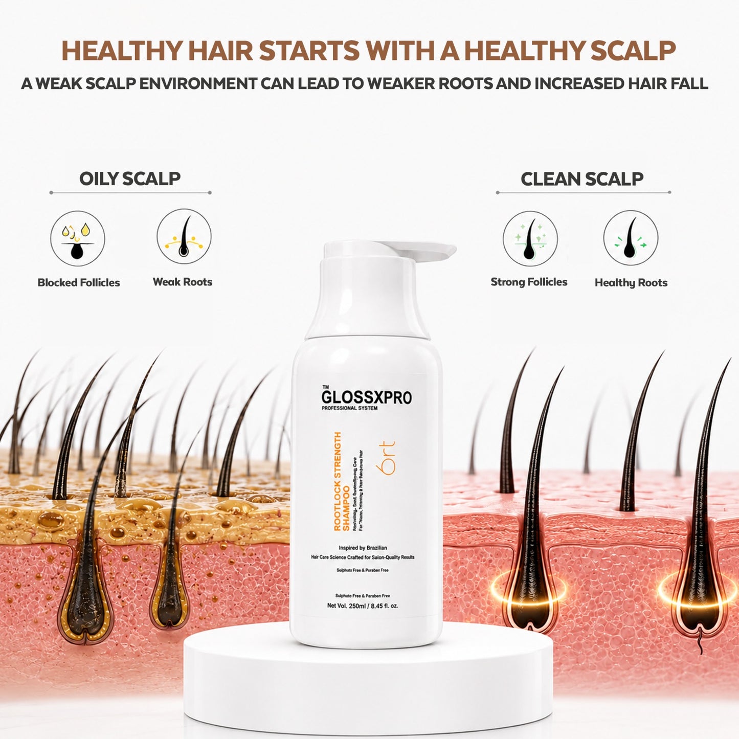 GLOSSXPRO Professional System Rootlock Strength Shampoo | Hair Fall Control Shampoo | Strengthens Hair from the Roots | Reduces Breakage | Nourishes Scalp | Sulphate Free | Paraben Free | 250 ml