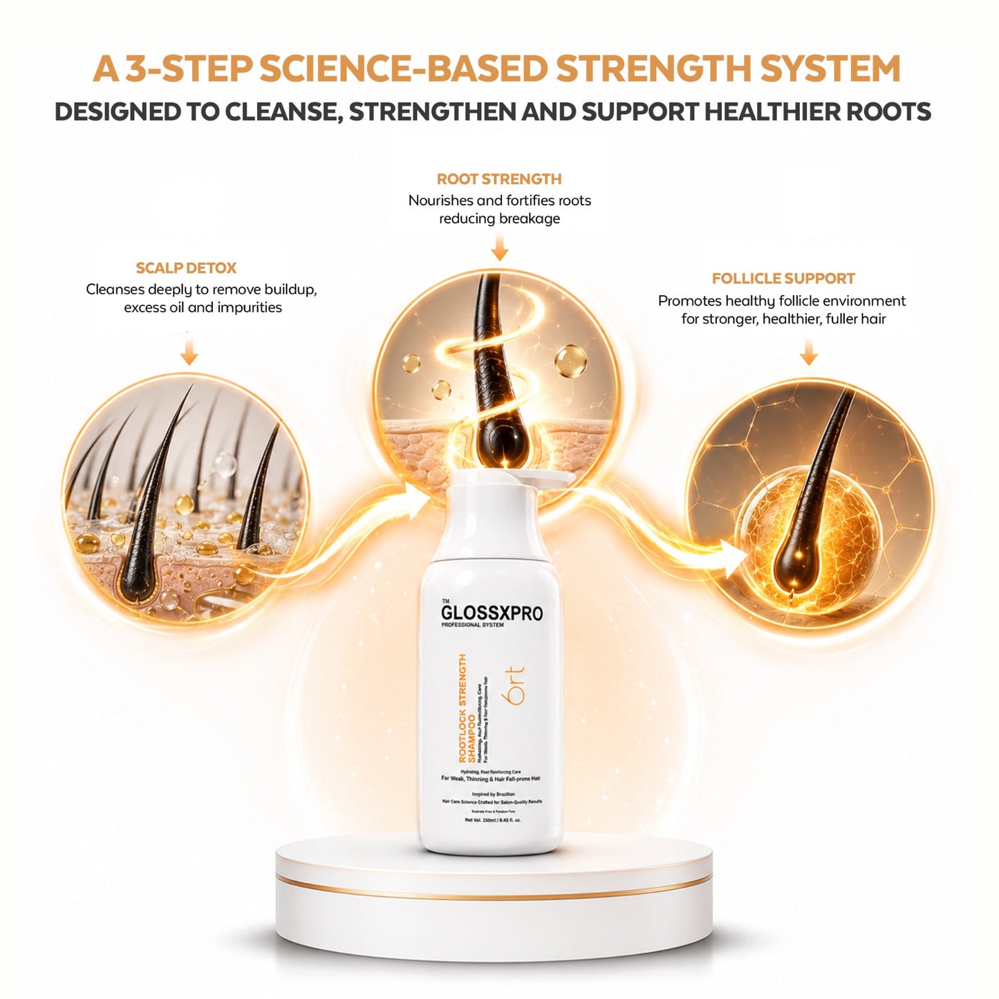 GLOSSXPRO Professional System Rootlock Strength Shampoo | Hair Fall Control Shampoo | Strengthens Hair from the Roots | Reduces Breakage | Nourishes Scalp | Sulphate Free | Paraben Free | 250 ml