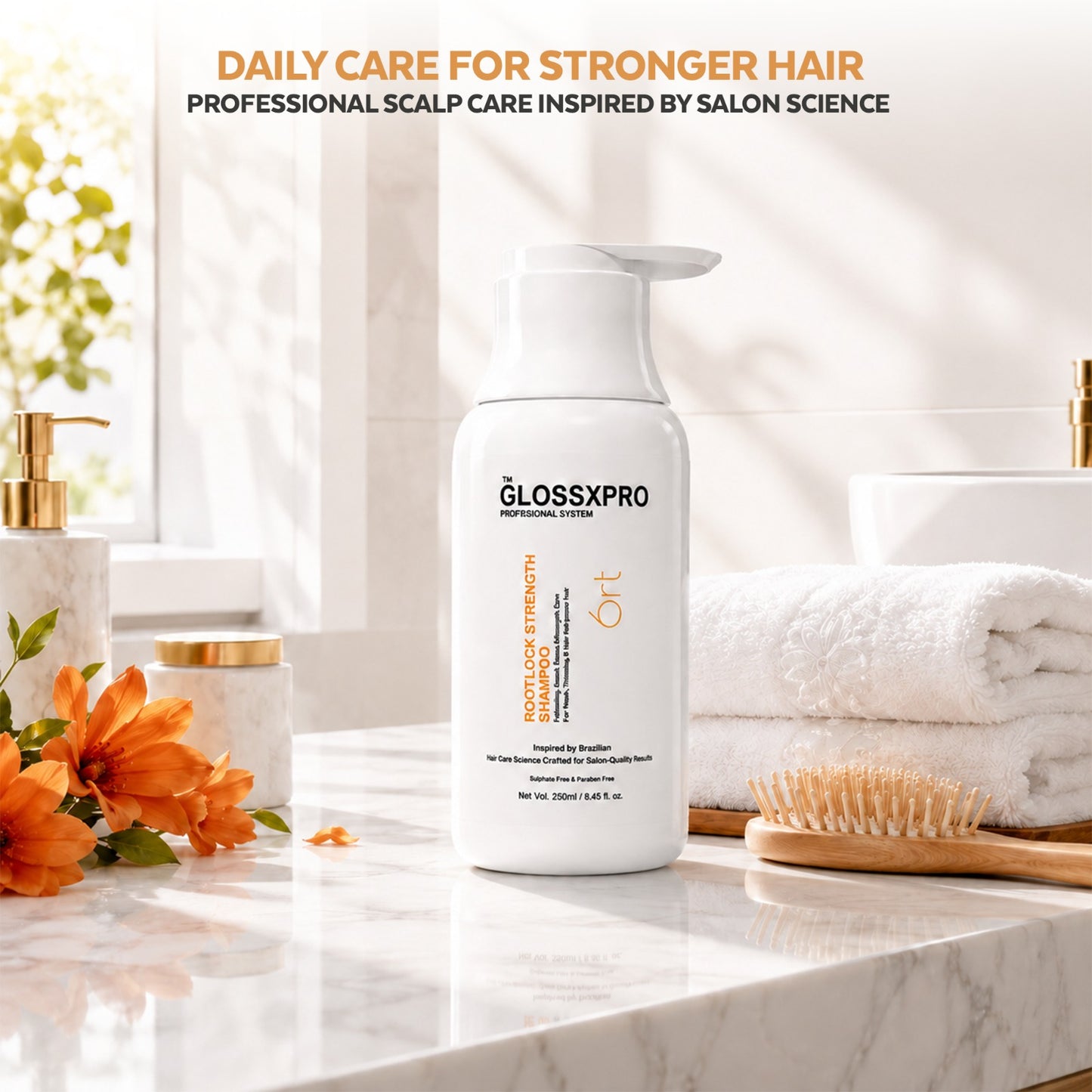 GLOSSXPRO Professional System Rootlock Strength Shampoo | Hair Fall Control Shampoo | Strengthens Hair from the Roots | Reduces Breakage | Nourishes Scalp | Sulphate Free | Paraben Free | 250 ml