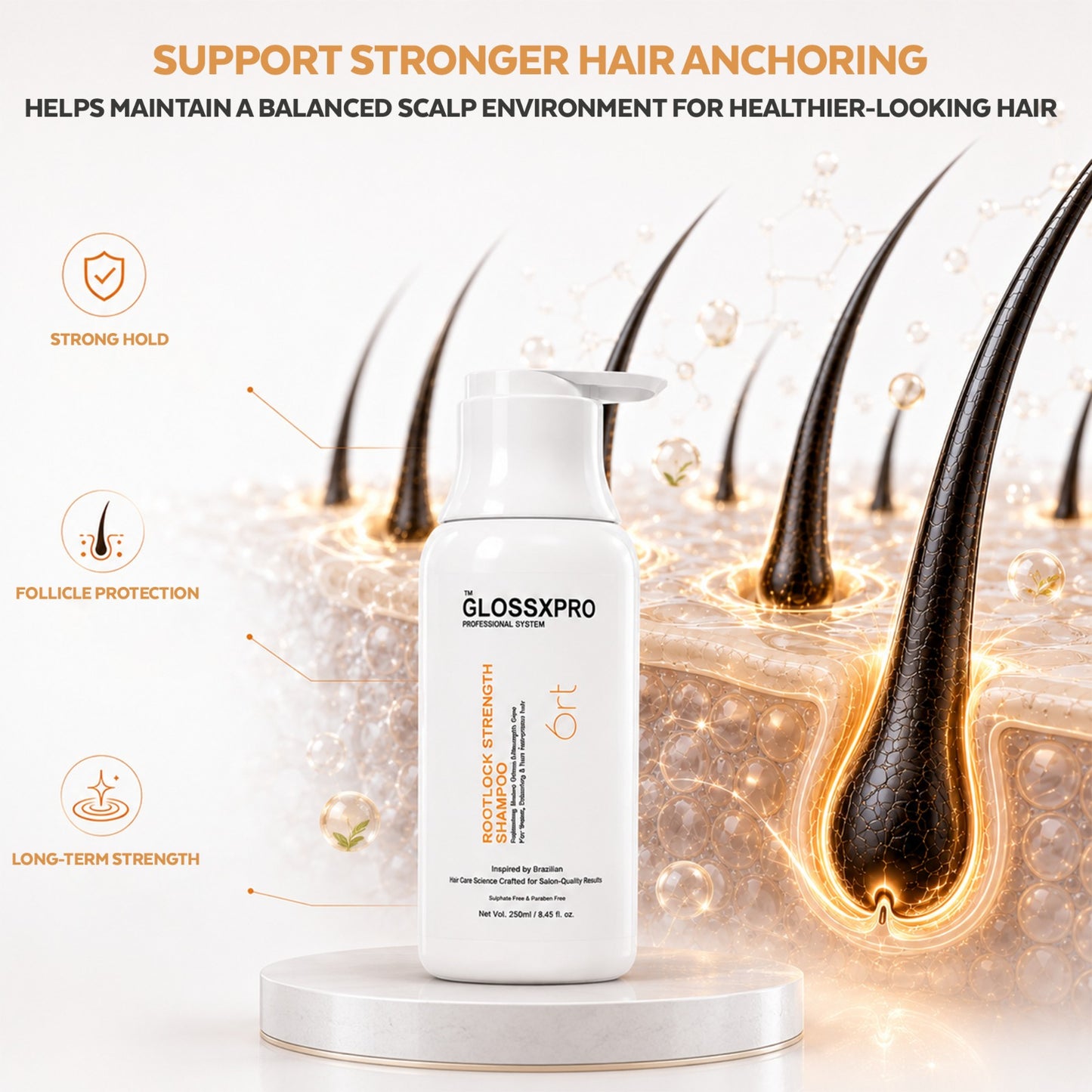 GLOSSXPRO Professional System Rootlock Strength Shampoo | Hair Fall Control Shampoo | Strengthens Hair from the Roots | Reduces Breakage | Nourishes Scalp | Sulphate Free | Paraben Free | 250 ml