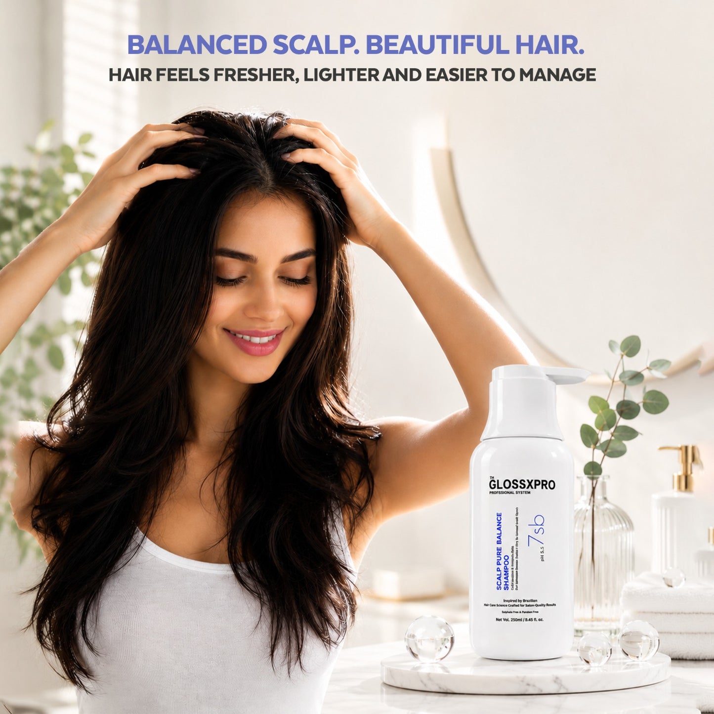 GLOSSXPRO Professional System Scalp Pure Balance Shampoo | Anti-Dandruff & Scalp Balancing Shampoo | Helps Reduce Flakes, Controls Excess Oil & Soothes Itchy Scalp | Sulphate Free | Paraben Free | 250 ml