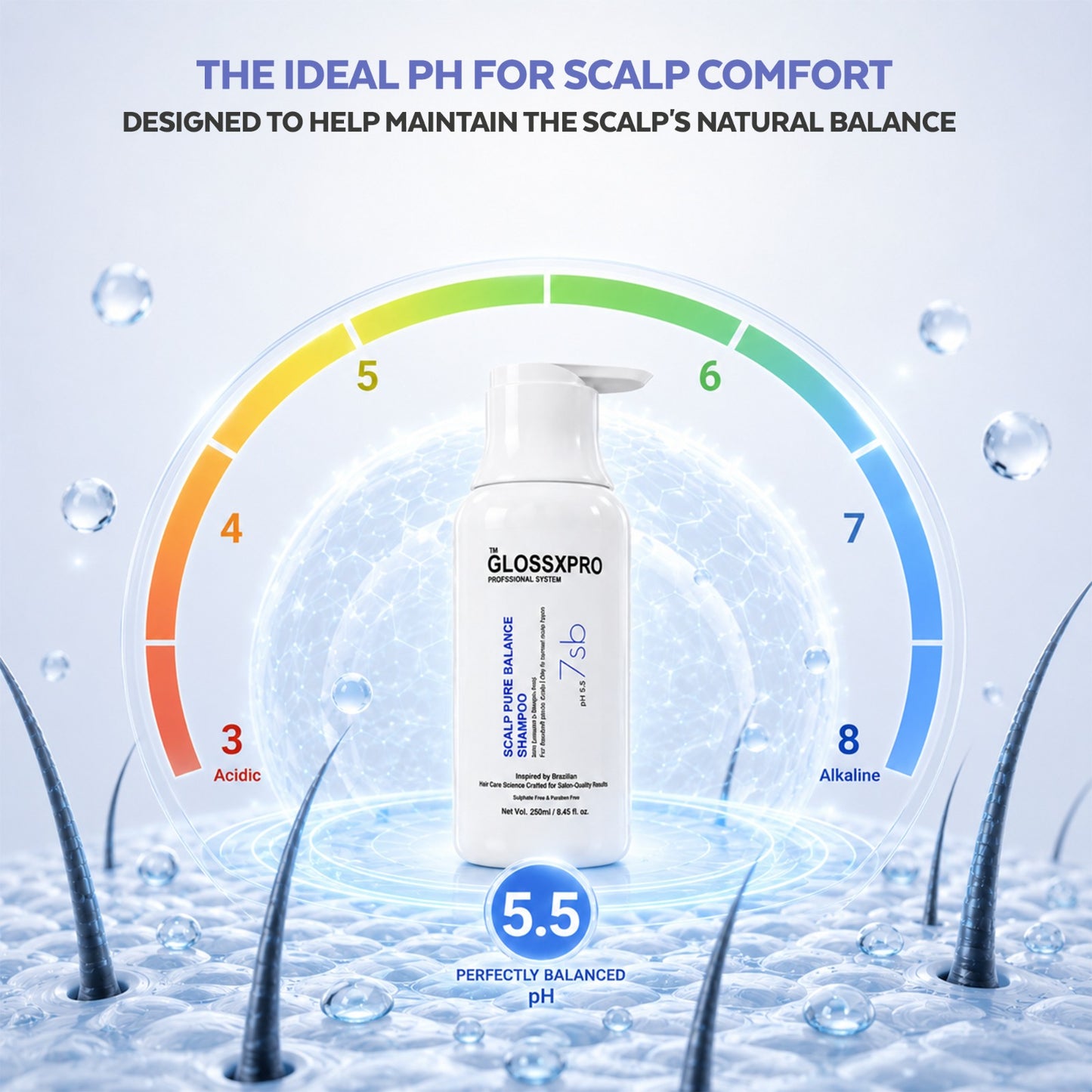 GLOSSXPRO Professional System Scalp Pure Balance Shampoo | Anti-Dandruff & Scalp Balancing Shampoo | Helps Reduce Flakes, Controls Excess Oil & Soothes Itchy Scalp | Sulphate Free | Paraben Free | 250 ml