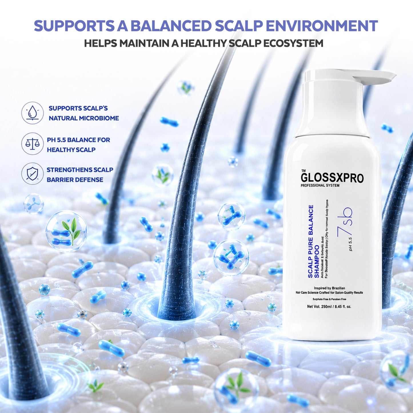 GLOSSXPRO Professional System Scalp Pure Balance Shampoo | Anti-Dandruff & Scalp Balancing Shampoo | Helps Reduce Flakes, Controls Excess Oil & Soothes Itchy Scalp | Sulphate Free | Paraben Free | 250 ml