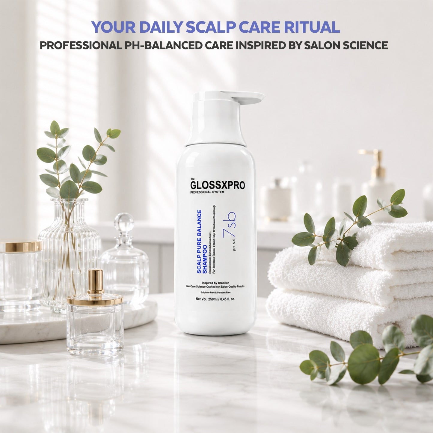 GLOSSXPRO Professional System Scalp Pure Balance Shampoo | Anti-Dandruff & Scalp Balancing Shampoo | Helps Reduce Flakes, Controls Excess Oil & Soothes Itchy Scalp | Sulphate Free | Paraben Free | 250 ml