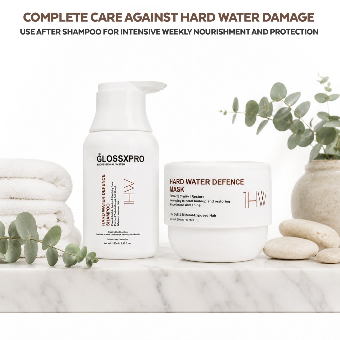 GLOSSXPRO Professional System Hard Water Defence Hair Mask | Deep Repair Hair Mask for Hard Water Damaged Hair | Removes Mineral Buildup | Restores Moisture, Softness & Shine | Sulphate Free | Paraben Free | 200g