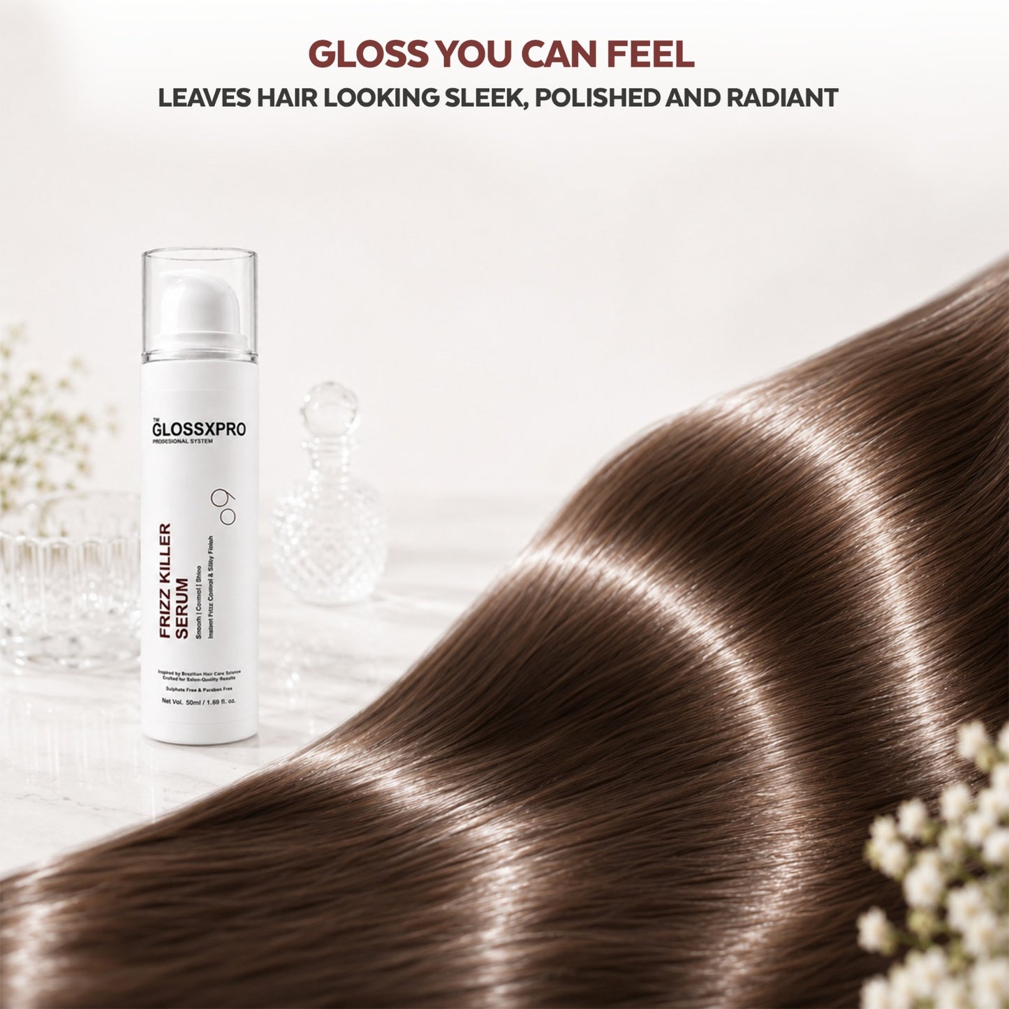GLOSSXPRO Professional System Frizz Killer Hair Serum | Anti-Frizz Leave-In Hair Serum | Smooths Flyaways, Adds Shine & Heat Protection | Lightweight & Non-Greasy | For Dry, Frizzy & Damaged Hair