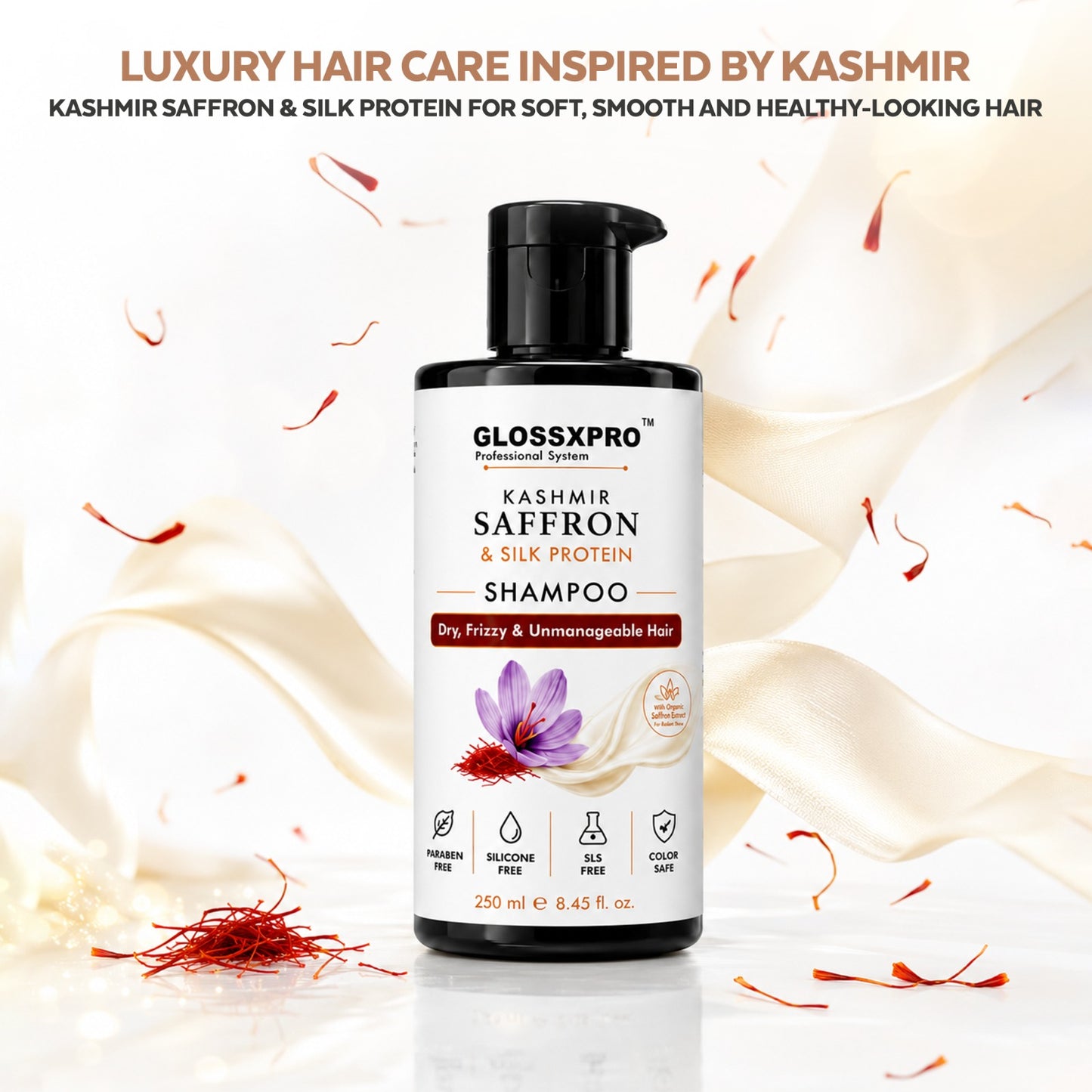 GLOSSXPRO Kashmir Saffron & Silk Protein Shampoo | Repairs Dry & Damaged Hair | Smooth, Shiny & Frizz-Free Hair | Sulphate Free & Paraben Free | Salon Professional Hair Care