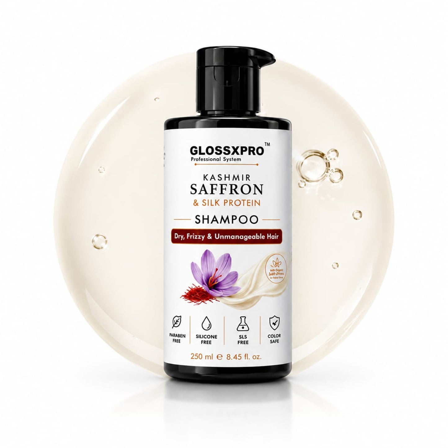 GLOSSXPRO Kashmir Saffron & Silk Protein Shampoo | Repairs Dry & Damaged Hair | Smooth, Shiny & Frizz-Free Hair | Sulphate Free & Paraben Free | Salon Professional Hair Care