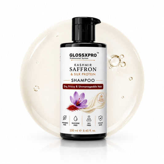 GLOSSXPRO Kashmir Saffron & Silk Protein Shampoo | Repairs Dry & Damaged Hair | Smooth, Shiny & Frizz-Free Hair | Sulphate Free & Paraben Free | Salon Professional Hair Care
