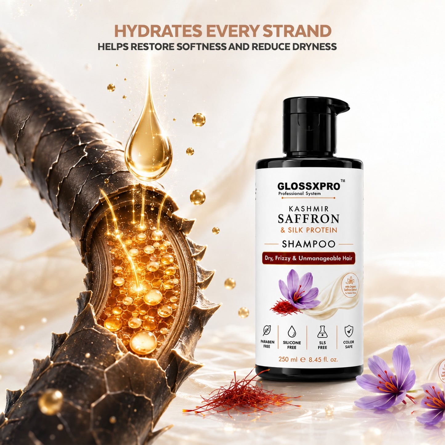 GLOSSXPRO Kashmir Saffron & Silk Protein Shampoo | Repairs Dry & Damaged Hair | Smooth, Shiny & Frizz-Free Hair | Sulphate Free & Paraben Free | Salon Professional Hair Care