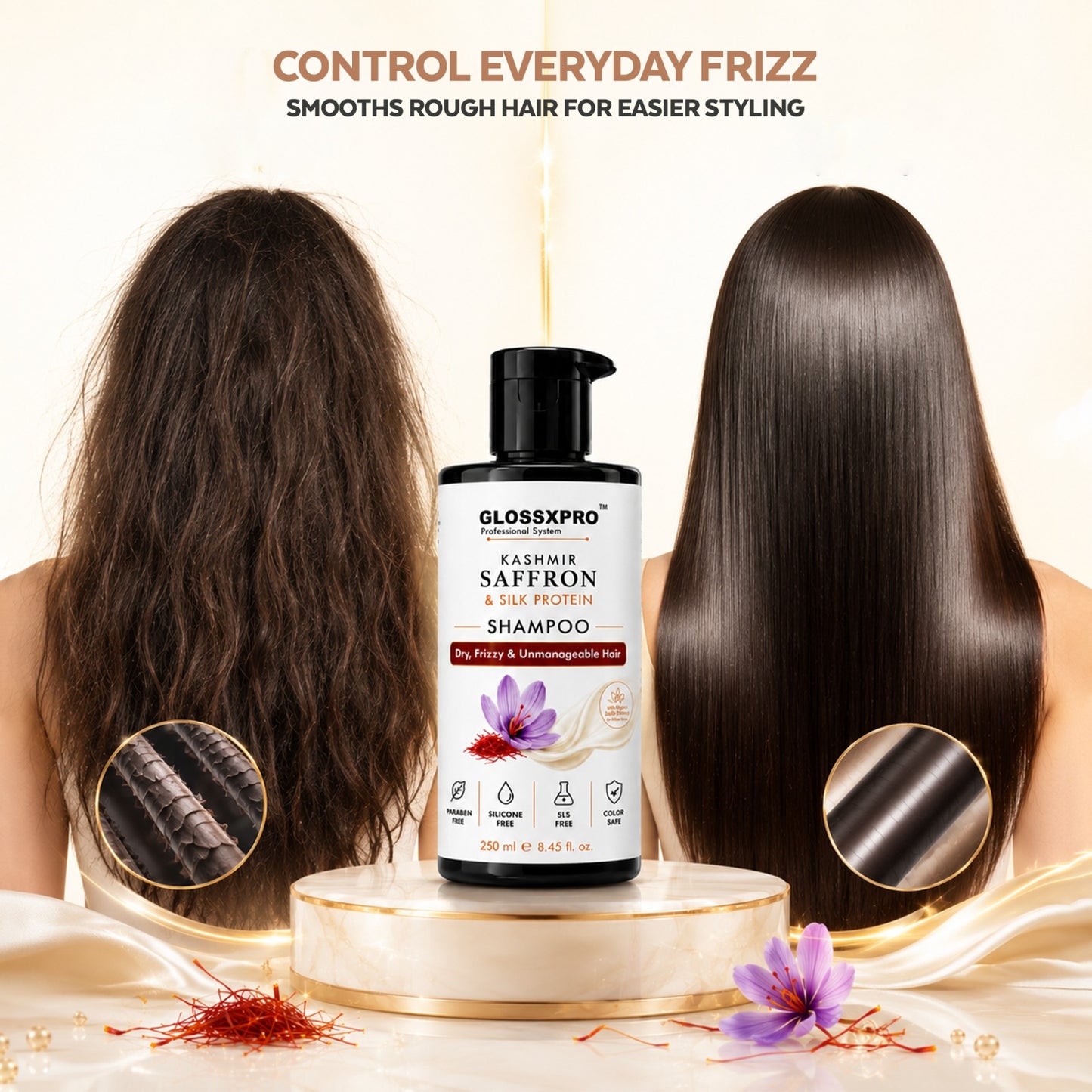 GLOSSXPRO Kashmir Saffron & Silk Protein Shampoo | Repairs Dry & Damaged Hair | Smooth, Shiny & Frizz-Free Hair | Sulphate Free & Paraben Free | Salon Professional Hair Care