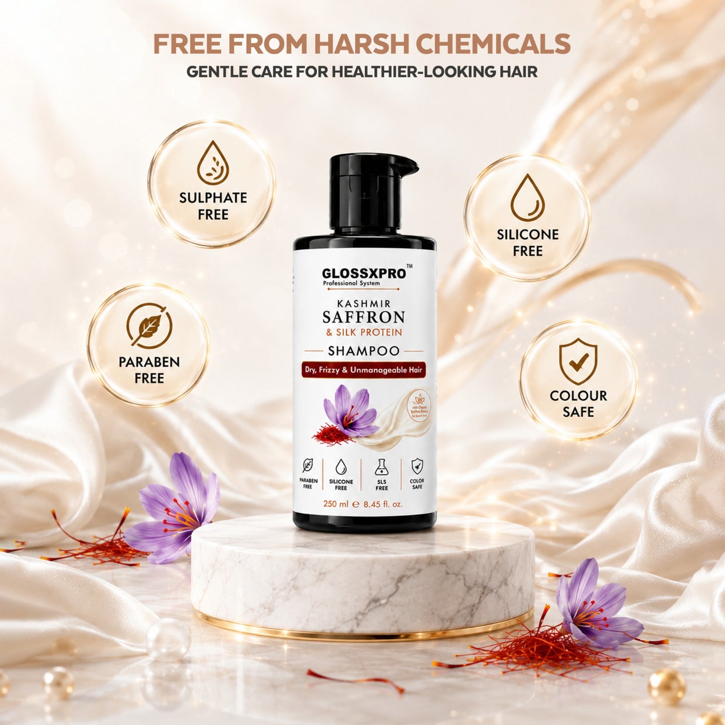 GLOSSXPRO Kashmir Saffron & Silk Protein Shampoo | Repairs Dry & Damaged Hair | Smooth, Shiny & Frizz-Free Hair | Sulphate Free & Paraben Free | Salon Professional Hair Care
