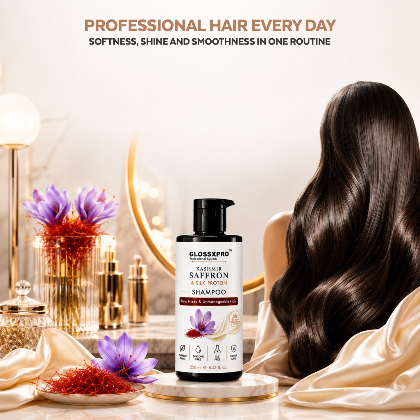 GLOSSXPRO Kashmir Saffron & Silk Protein Shampoo | Repairs Dry & Damaged Hair | Smooth, Shiny & Frizz-Free Hair | Sulphate Free & Paraben Free | Salon Professional Hair Care