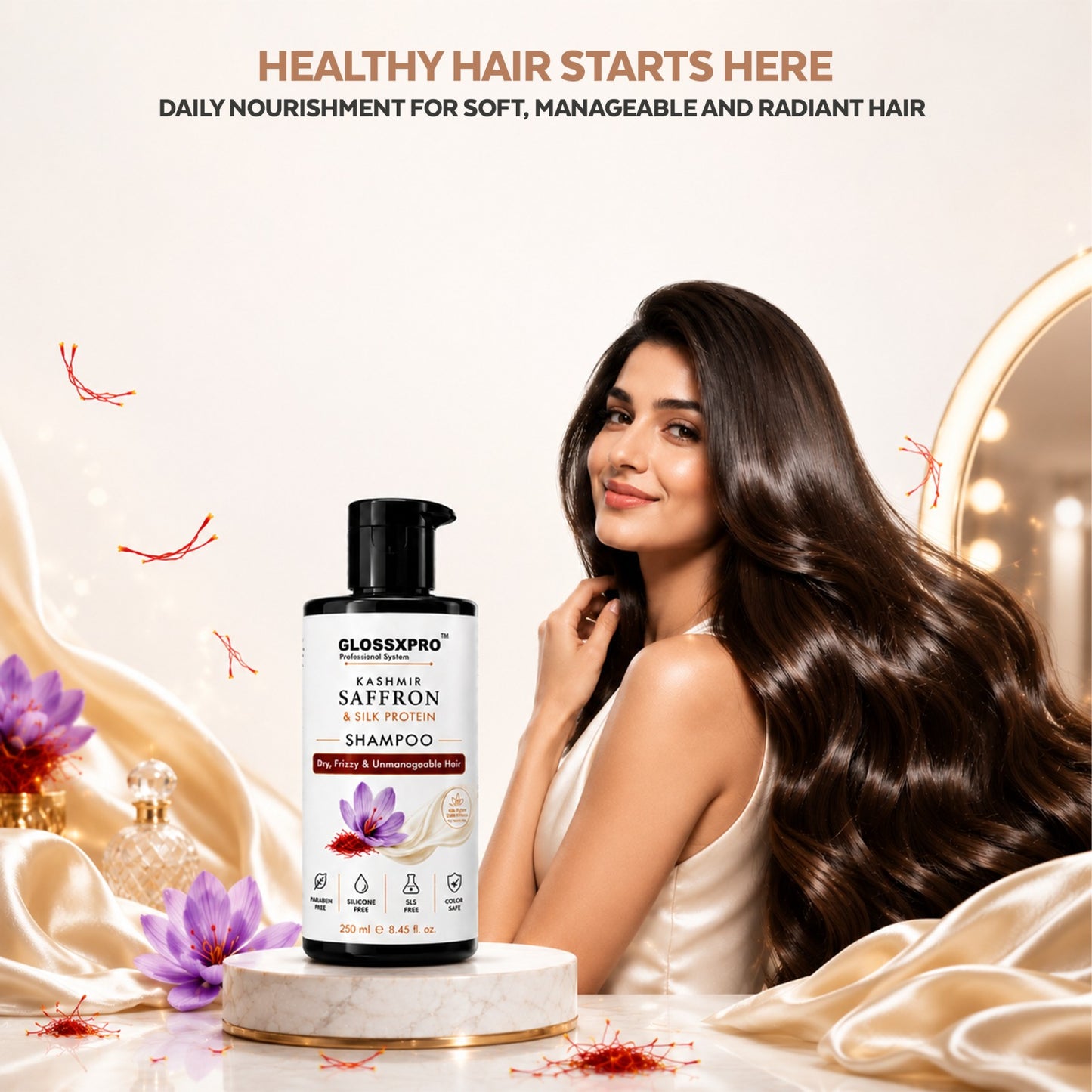 GLOSSXPRO Kashmir Saffron & Silk Protein Shampoo | Repairs Dry & Damaged Hair | Smooth, Shiny & Frizz-Free Hair | Sulphate Free & Paraben Free | Salon Professional Hair Care