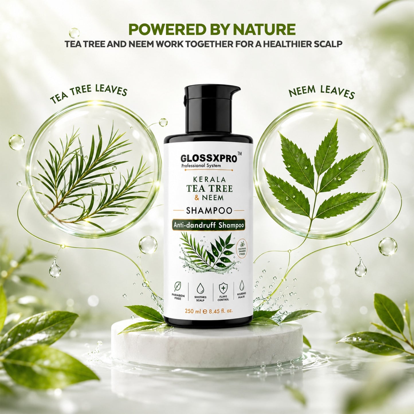GLOSSXPRO Professional System Kerala Tea Tree & Neem Shampoo | Anti-Dandruff Shampoo | Helps Reduce Flakes & Itchy Scalp | Soothes & Balances Scalp | Paraben Free | 250 ml
