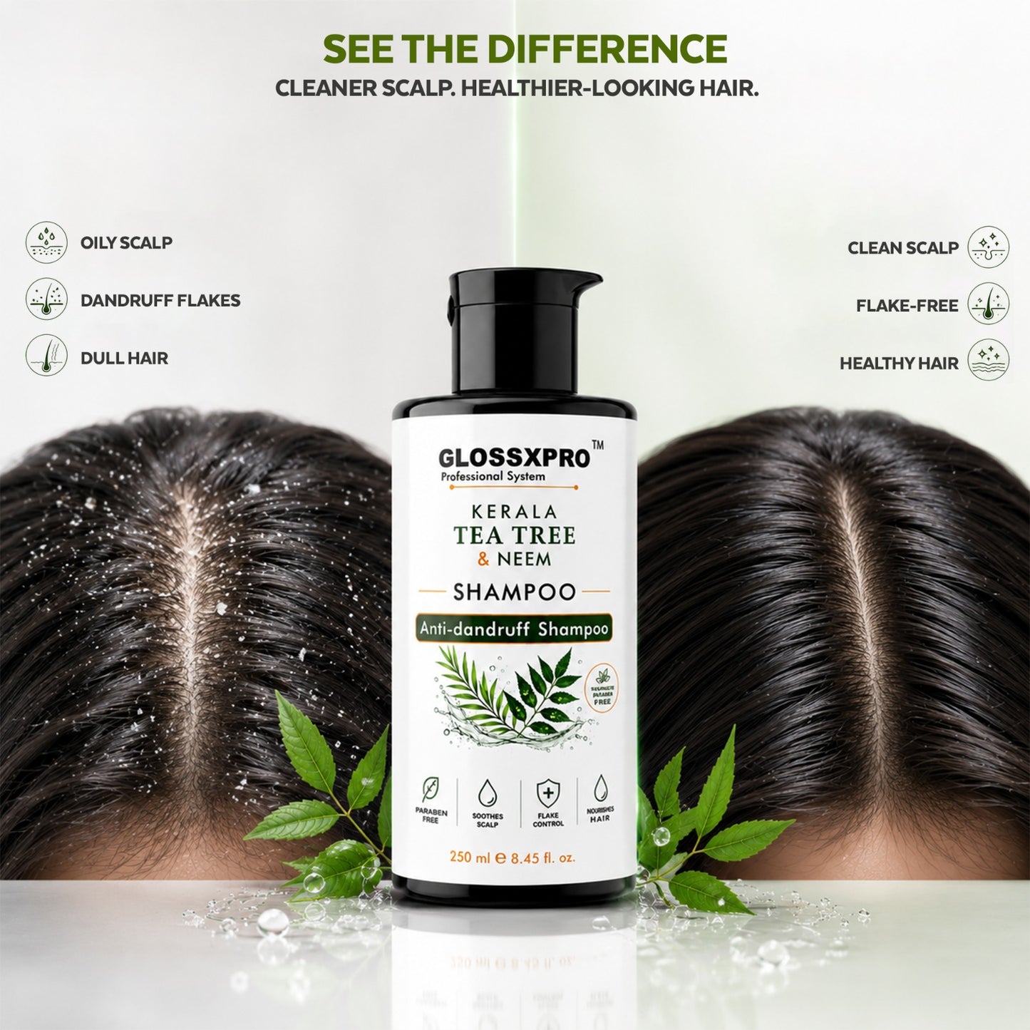 GLOSSXPRO Professional System Kerala Tea Tree & Neem Shampoo | Anti-Dandruff Shampoo | Helps Reduce Flakes & Itchy Scalp | Soothes & Balances Scalp | Paraben Free | 250 ml