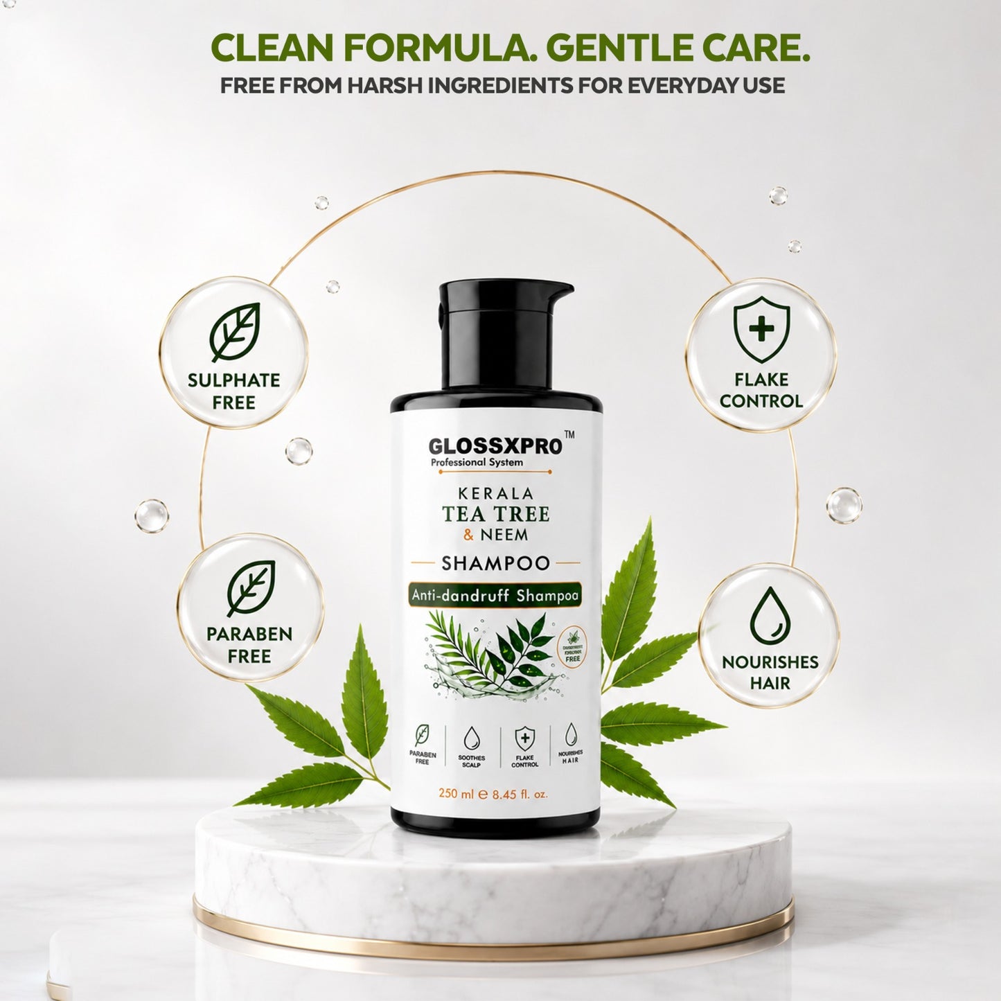 GLOSSXPRO Professional System Kerala Tea Tree & Neem Shampoo | Anti-Dandruff Shampoo | Helps Reduce Flakes & Itchy Scalp | Soothes & Balances Scalp | Paraben Free | 250 ml