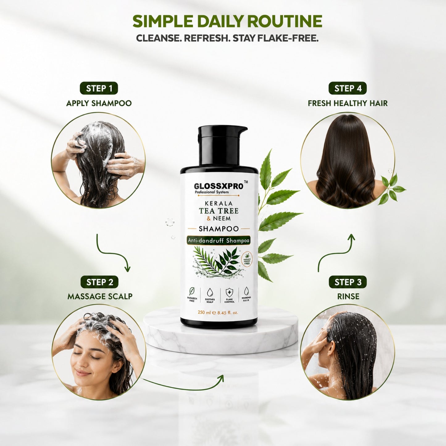 GLOSSXPRO Professional System Kerala Tea Tree & Neem Shampoo | Anti-Dandruff Shampoo | Helps Reduce Flakes & Itchy Scalp | Soothes & Balances Scalp | Paraben Free | 250 ml
