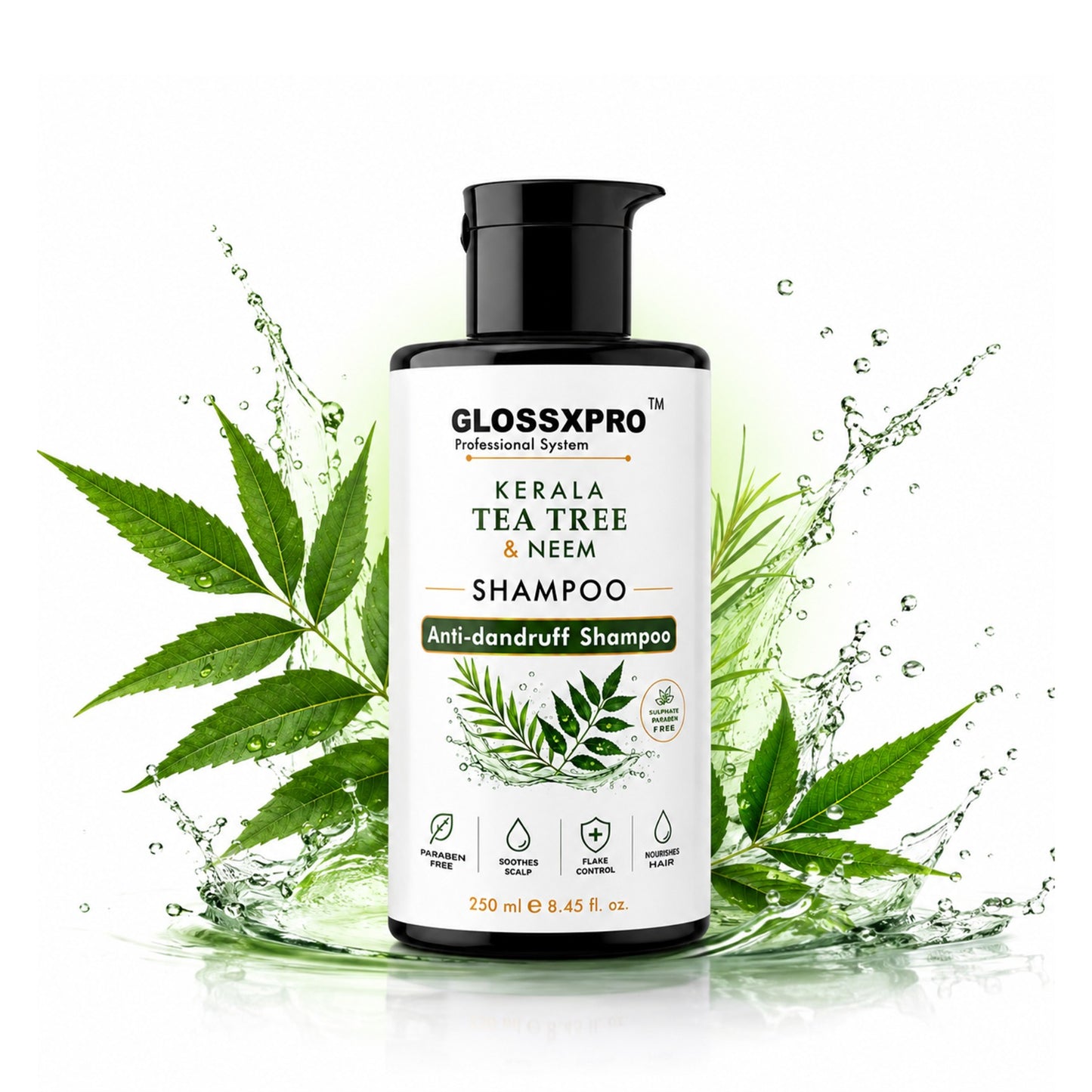 GLOSSXPRO Professional System Kerala Tea Tree & Neem Shampoo | Anti-Dandruff Shampoo | Helps Reduce Flakes & Itchy Scalp | Soothes & Balances Scalp | Paraben Free | 250 ml