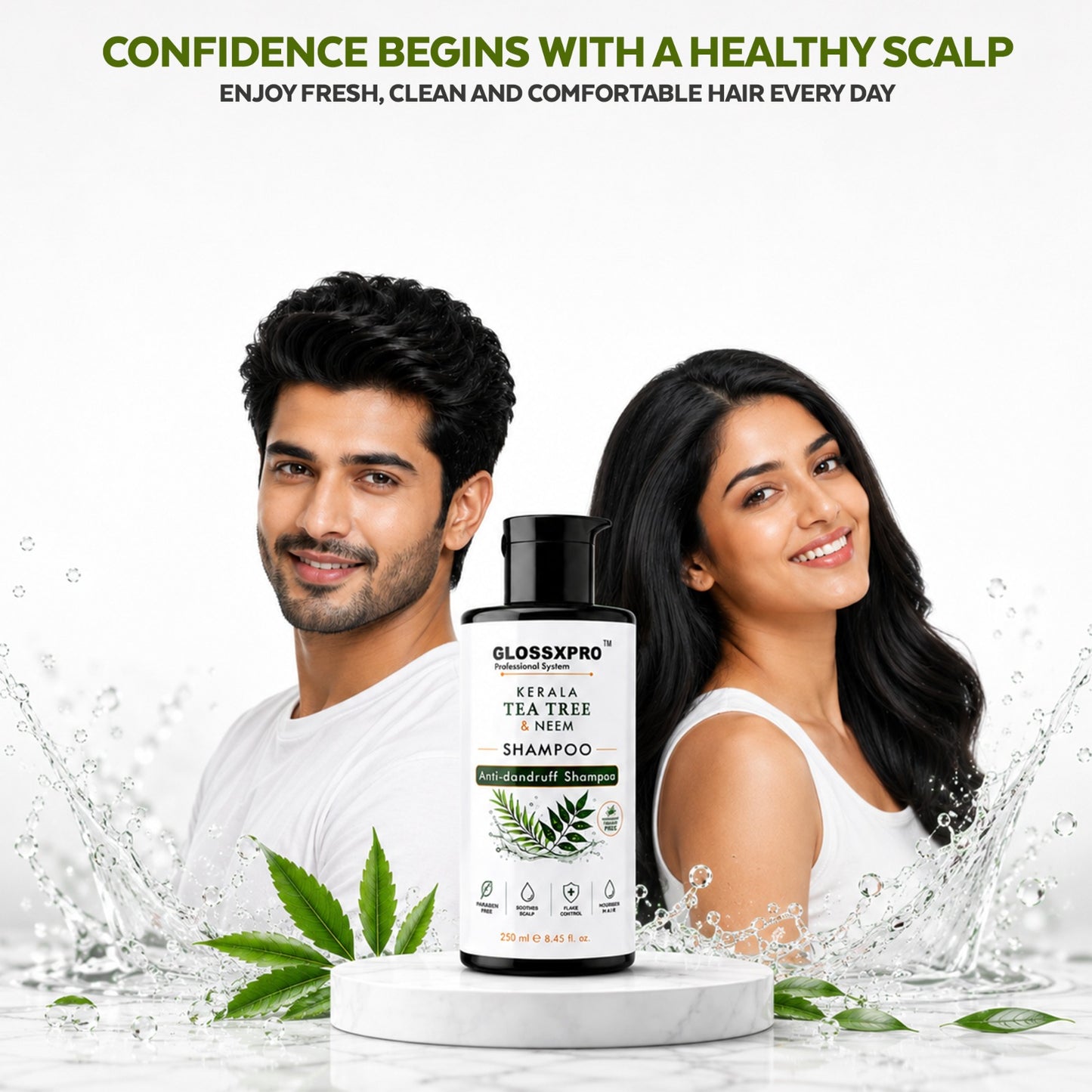 GLOSSXPRO Professional System Kerala Tea Tree & Neem Shampoo | Anti-Dandruff Shampoo | Helps Reduce Flakes & Itchy Scalp | Soothes & Balances Scalp | Paraben Free | 250 ml