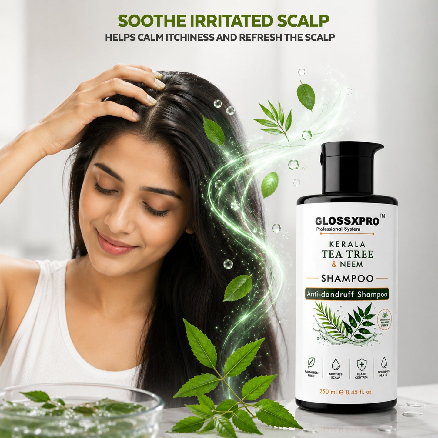 GLOSSXPRO Professional System Kerala Tea Tree & Neem Shampoo | Anti-Dandruff Shampoo | Helps Reduce Flakes & Itchy Scalp | Soothes & Balances Scalp | Paraben Free | 250 ml