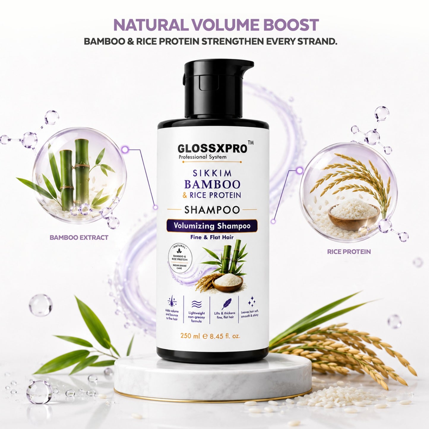 GLOSSXPRO Professional System Sikkim Bamboo & Rice Protein Shampoo | Volumizing Shampoo for Fine & Flat Hair | Strengthens & Thickens Hair | Lightweight Formula | Sulphate & Paraben Free | 250 ml