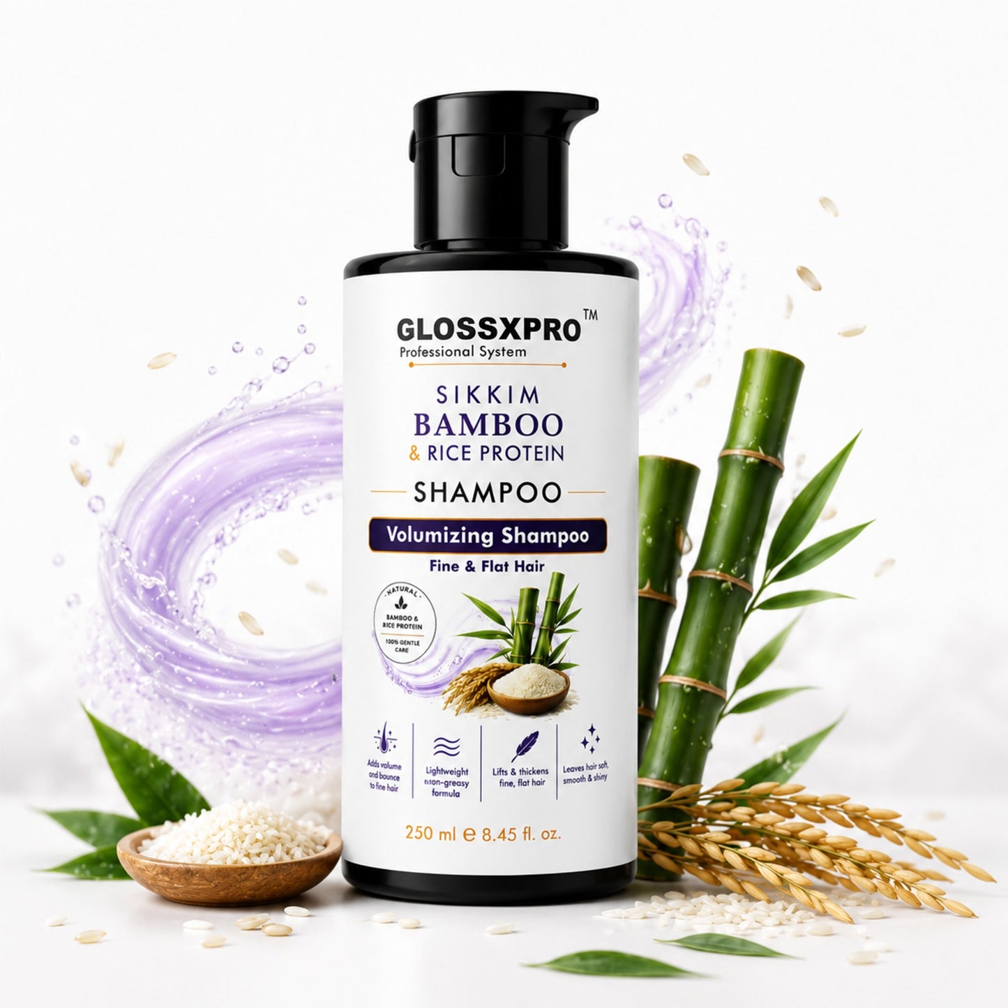 GLOSSXPRO Professional System Sikkim Bamboo & Rice Protein Shampoo | Volumizing Shampoo for Fine & Flat Hair | Strengthens & Thickens Hair | Lightweight Formula | Sulphate & Paraben Free | 250 ml