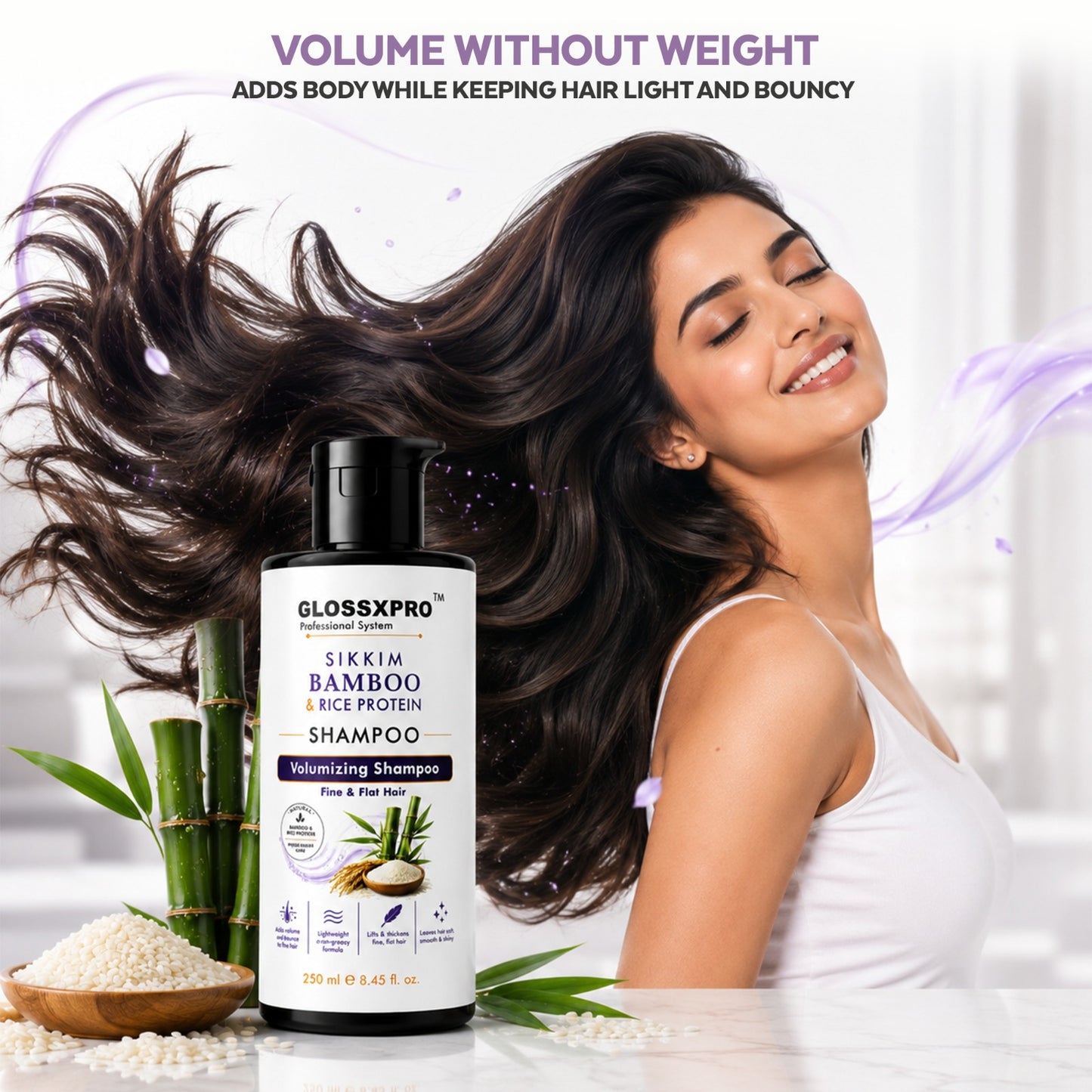 GLOSSXPRO Professional System Sikkim Bamboo & Rice Protein Shampoo | Volumizing Shampoo for Fine & Flat Hair | Strengthens & Thickens Hair | Lightweight Formula | Sulphate & Paraben Free | 250 ml