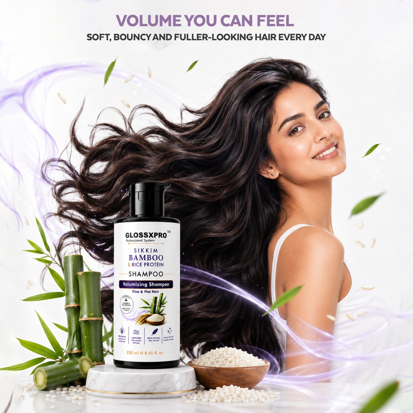 GLOSSXPRO Professional System Sikkim Bamboo & Rice Protein Shampoo | Volumizing Shampoo for Fine & Flat Hair | Strengthens & Thickens Hair | Lightweight Formula | Sulphate & Paraben Free | 250 ml