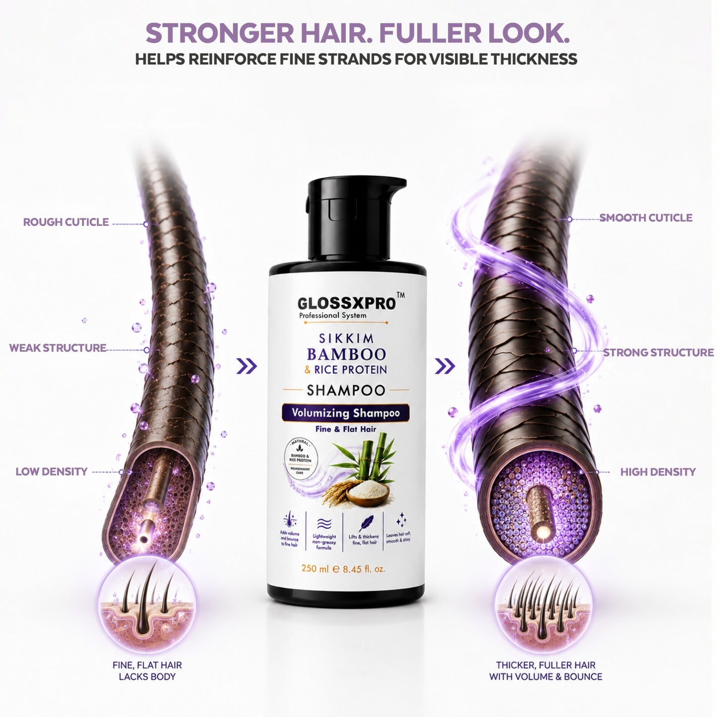 GLOSSXPRO Professional System Sikkim Bamboo & Rice Protein Shampoo | Volumizing Shampoo for Fine & Flat Hair | Strengthens & Thickens Hair | Lightweight Formula | Sulphate & Paraben Free | 250 ml