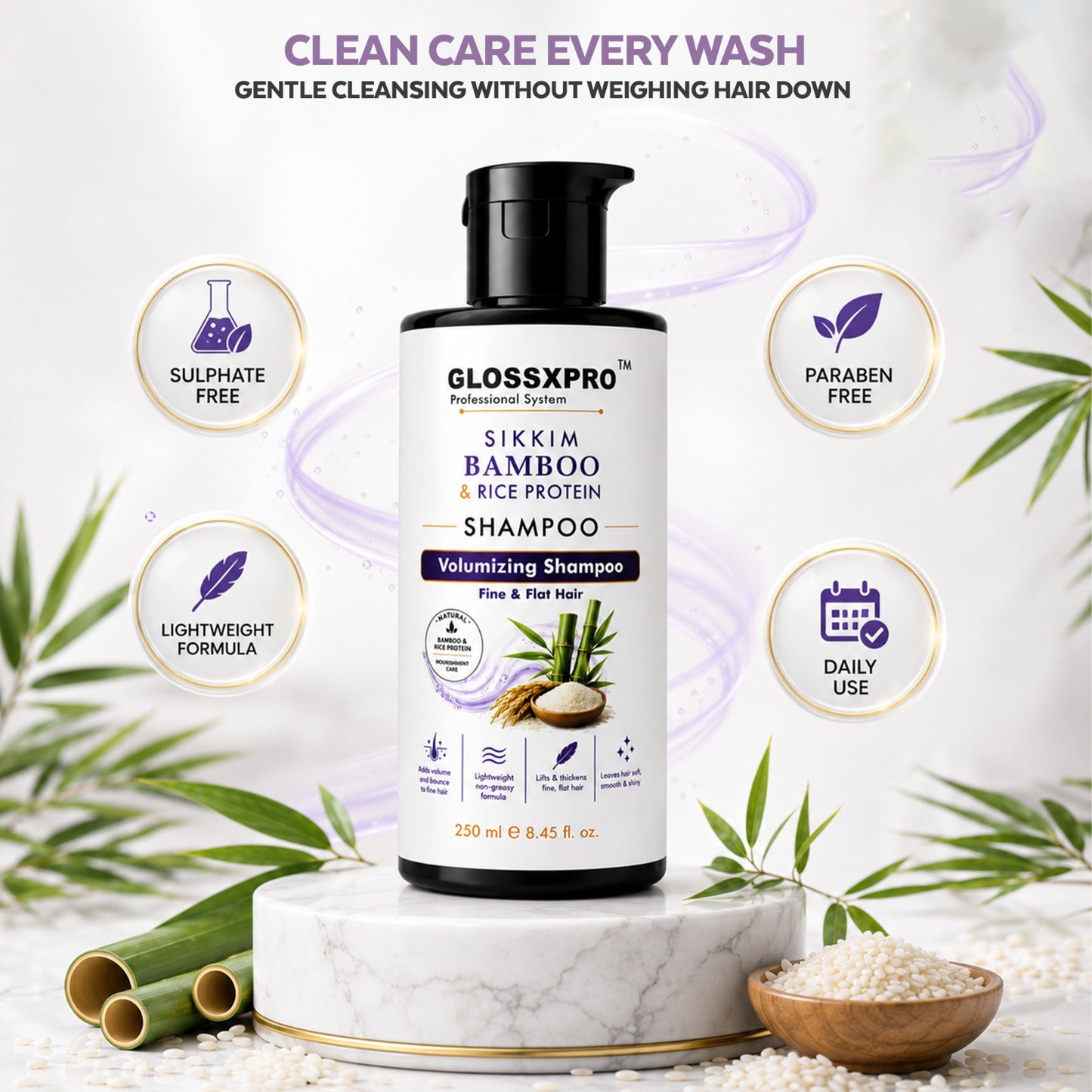 GLOSSXPRO Professional System Sikkim Bamboo & Rice Protein Shampoo | Volumizing Shampoo for Fine & Flat Hair | Strengthens & Thickens Hair | Lightweight Formula | Sulphate & Paraben Free | 250 ml