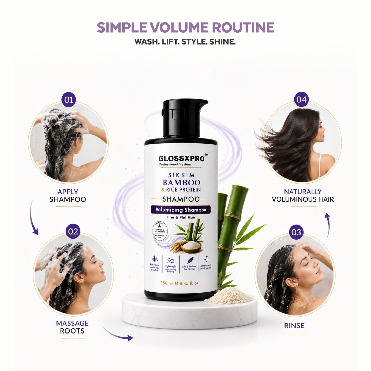 GLOSSXPRO Professional System Sikkim Bamboo & Rice Protein Shampoo | Volumizing Shampoo for Fine & Flat Hair | Strengthens & Thickens Hair | Lightweight Formula | Sulphate & Paraben Free | 250 ml