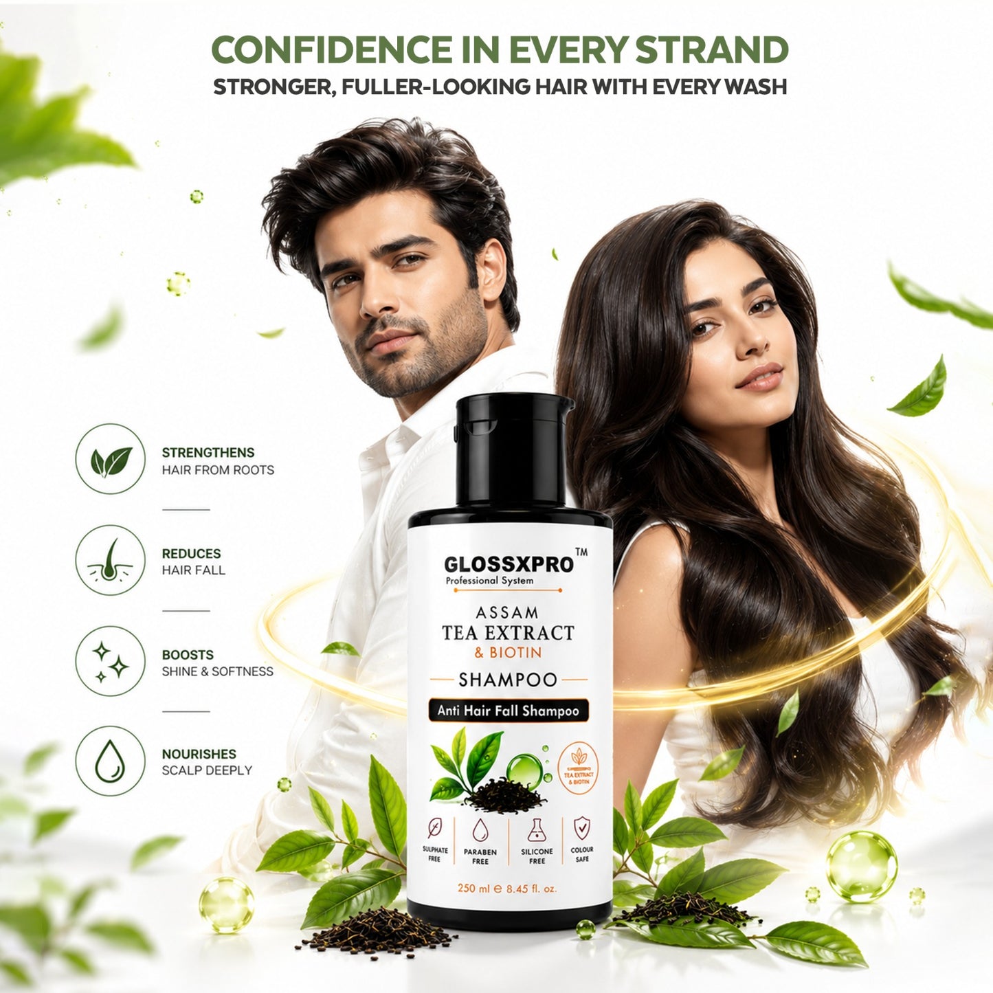 GLOSSXPRO Professional Assam Tea Extract & Biotin Shampoo | Anti Hair Fall Shampoo | Strengthens Hair, Nourishes Scalp & Promotes Healthy-Looking Hair | Silicone Free | Sulphate Free & Paraben Free | 250 ml