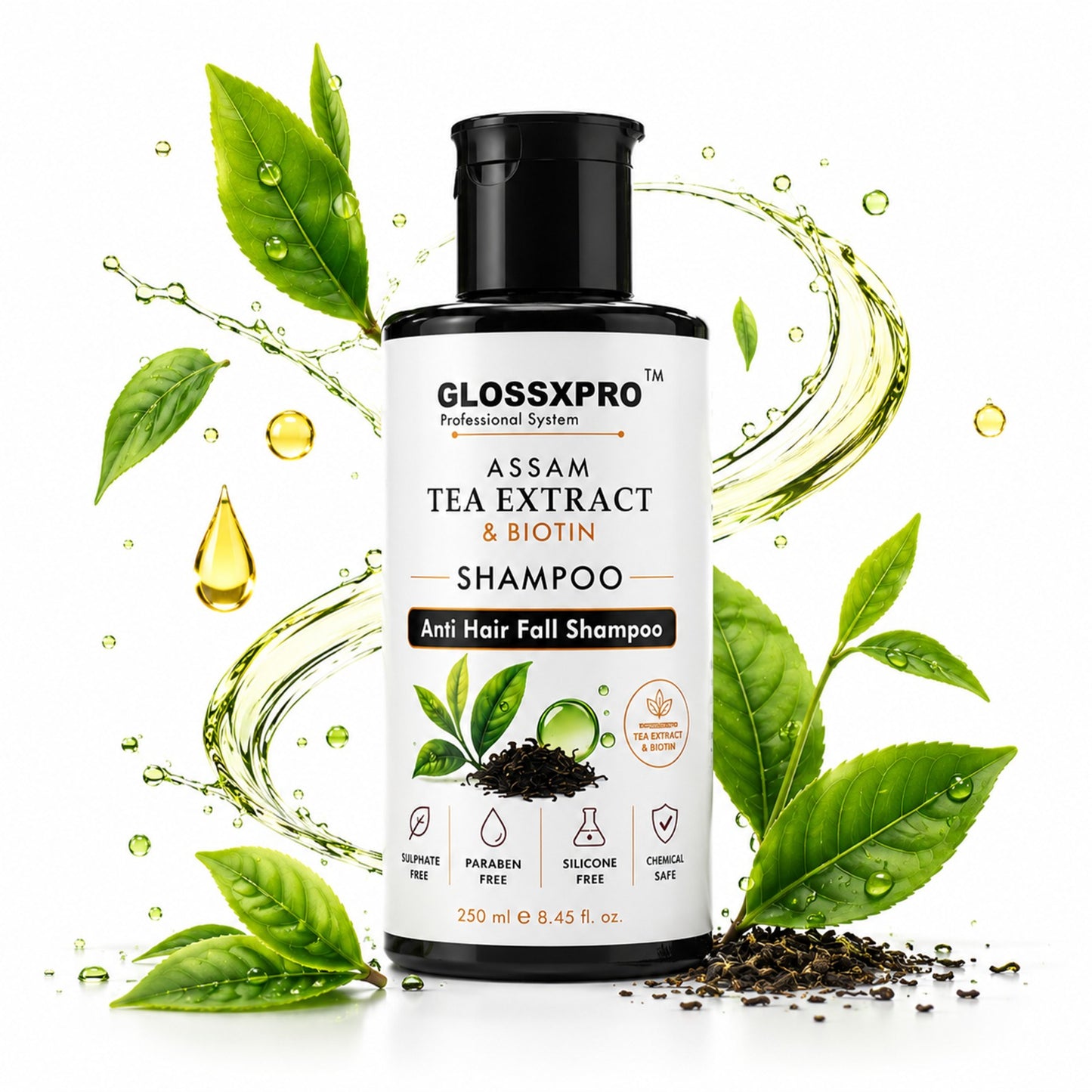 GLOSSXPRO Professional Assam Tea Extract & Biotin Shampoo | Anti Hair Fall Shampoo | Strengthens Hair, Nourishes Scalp & Promotes Healthy-Looking Hair | Silicone Free | Sulphate Free & Paraben Free | 250 ml