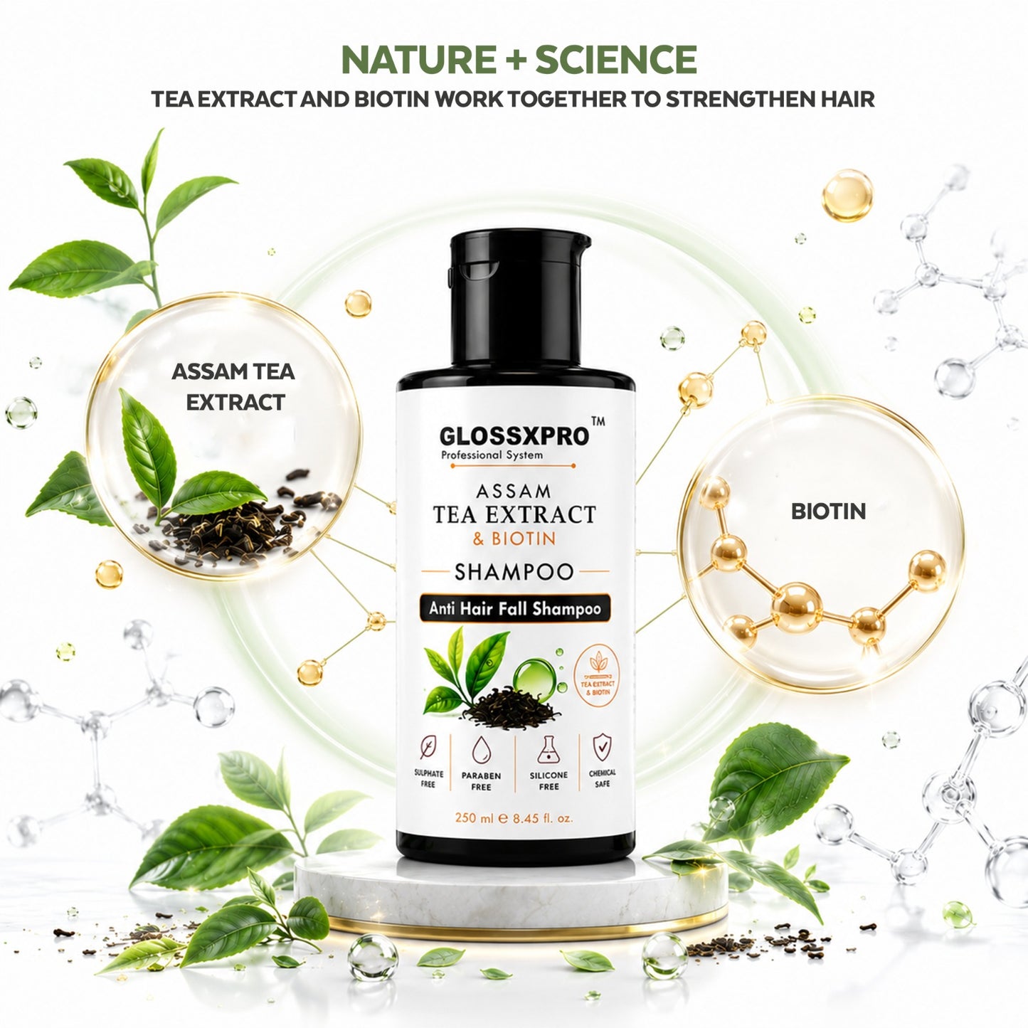 GLOSSXPRO Professional Assam Tea Extract & Biotin Shampoo | Anti Hair Fall Shampoo | Strengthens Hair, Nourishes Scalp & Promotes Healthy-Looking Hair | Silicone Free | Sulphate Free & Paraben Free | 250 ml