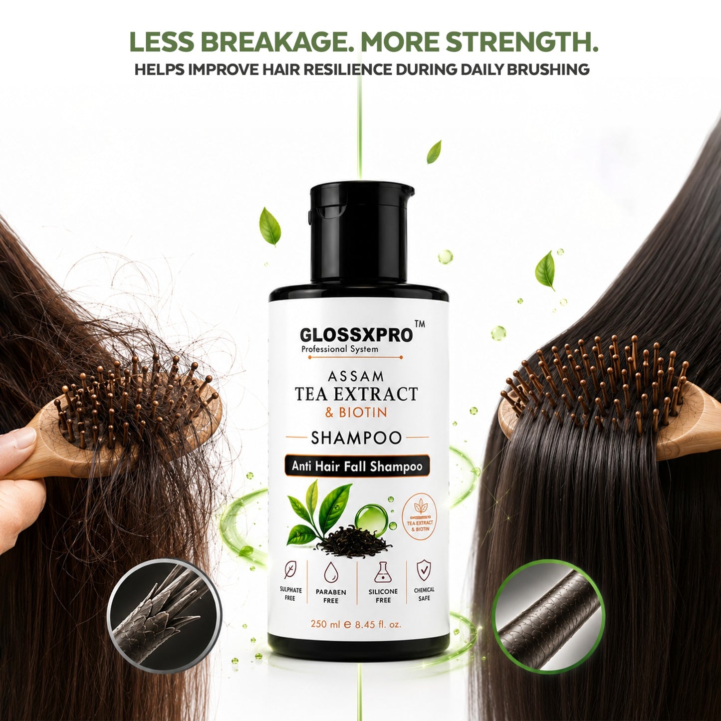 GLOSSXPRO Professional Assam Tea Extract & Biotin Shampoo | Anti Hair Fall Shampoo | Strengthens Hair, Nourishes Scalp & Promotes Healthy-Looking Hair | Silicone Free | Sulphate Free & Paraben Free | 250 ml