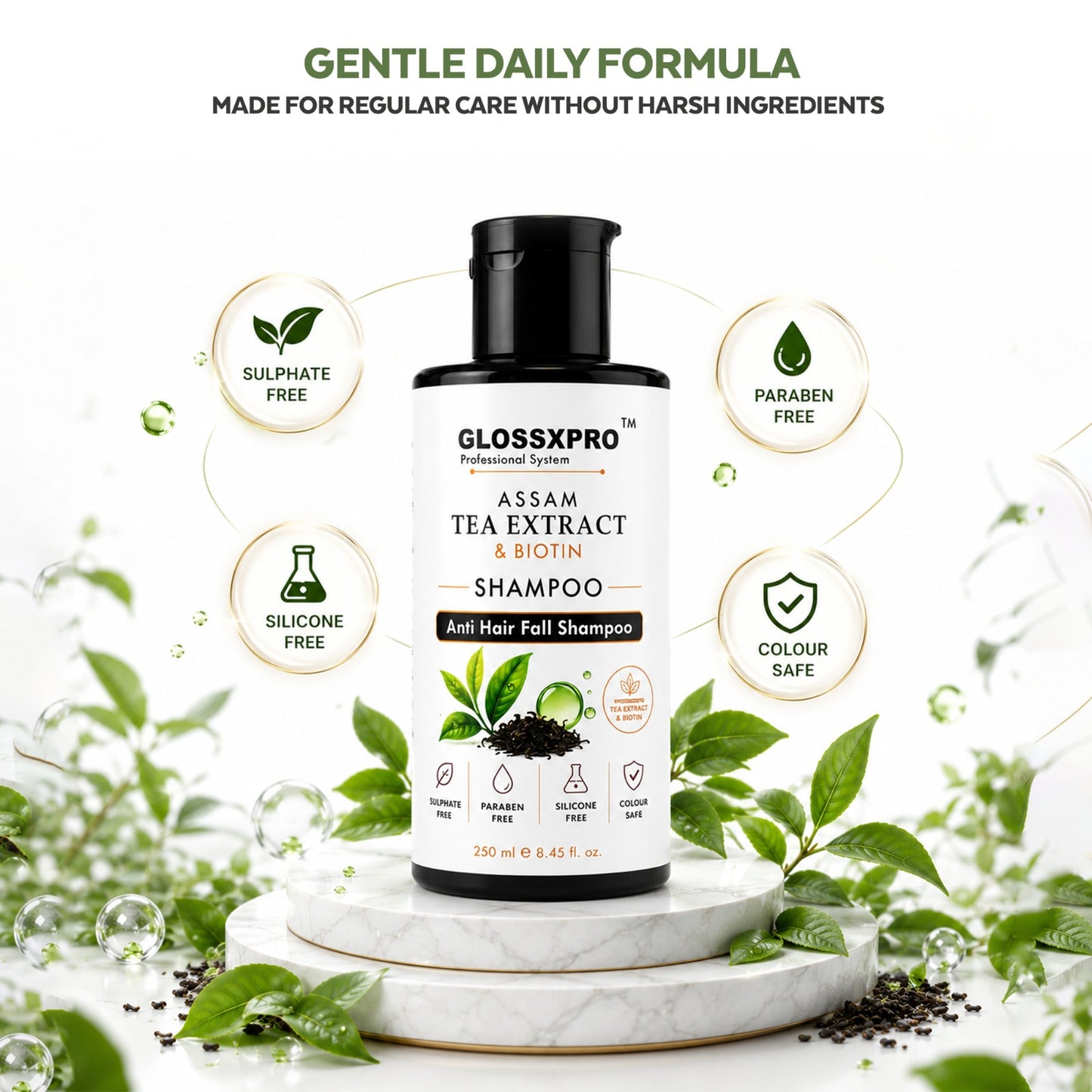 GLOSSXPRO Professional Assam Tea Extract & Biotin Shampoo | Anti Hair Fall Shampoo | Strengthens Hair, Nourishes Scalp & Promotes Healthy-Looking Hair | Silicone Free | Sulphate Free & Paraben Free | 250 ml