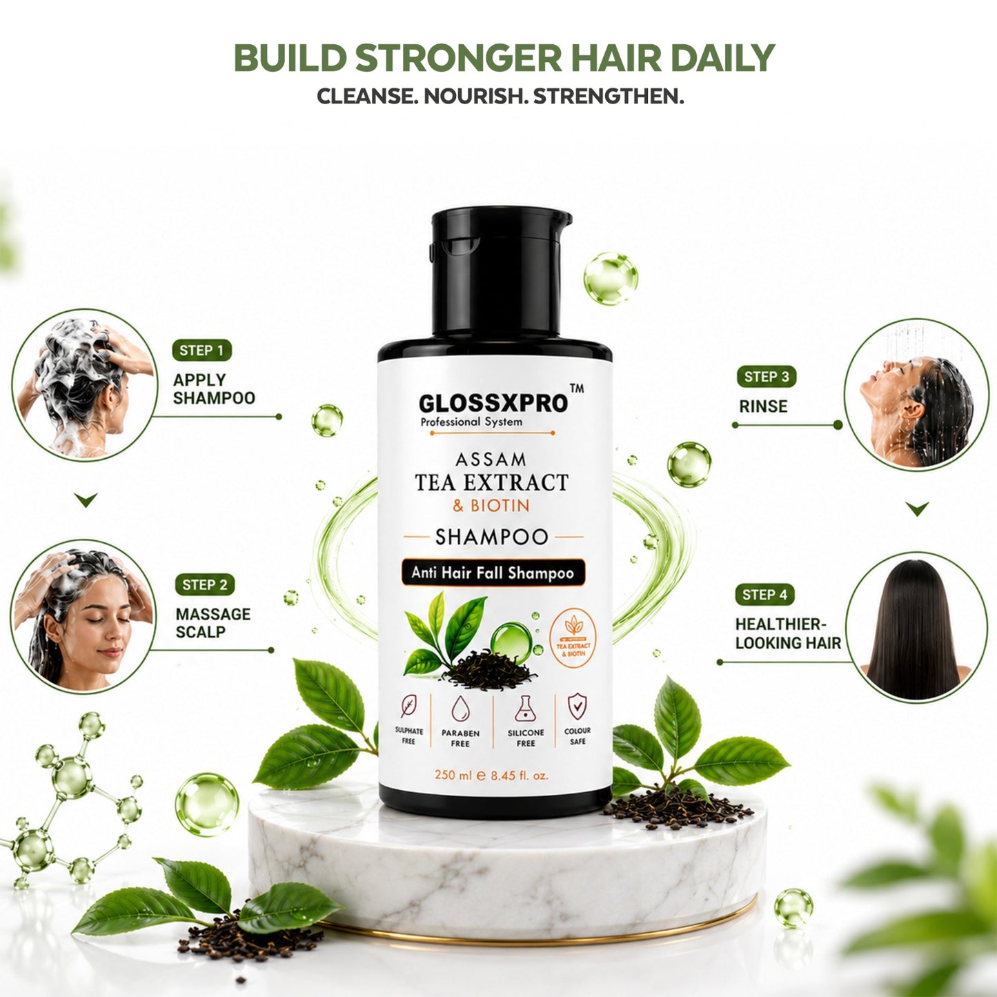 GLOSSXPRO Professional Assam Tea Extract & Biotin Shampoo | Anti Hair Fall Shampoo | Strengthens Hair, Nourishes Scalp & Promotes Healthy-Looking Hair | Silicone Free | Sulphate Free & Paraben Free | 250 ml